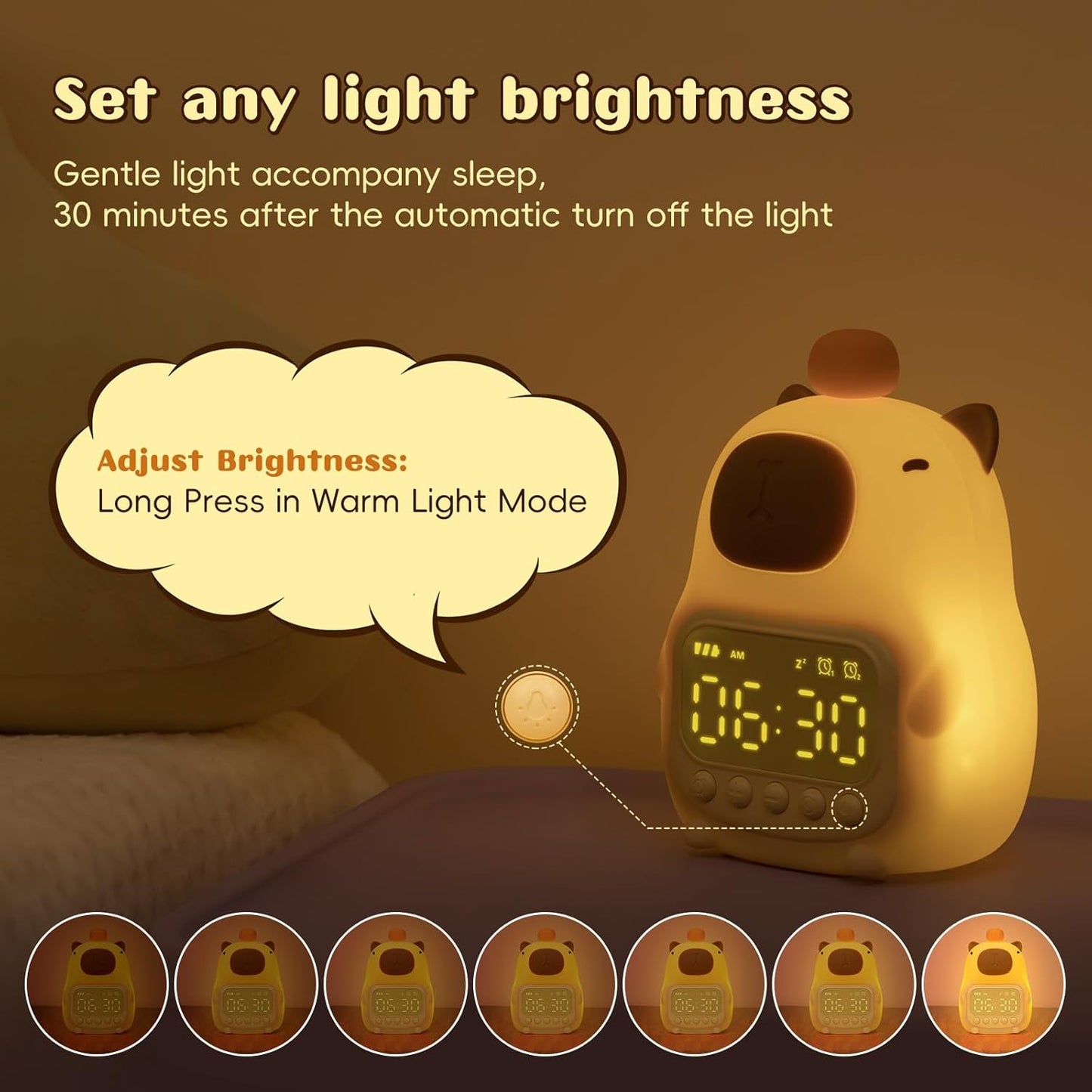 Capybara Alarm Clock with Night Light for Kids, Cute Alarm Clocks for Bedrooms Ok to Wake Clocks, Silicone Animal Tabletop Lamp for Teen Girls Boys