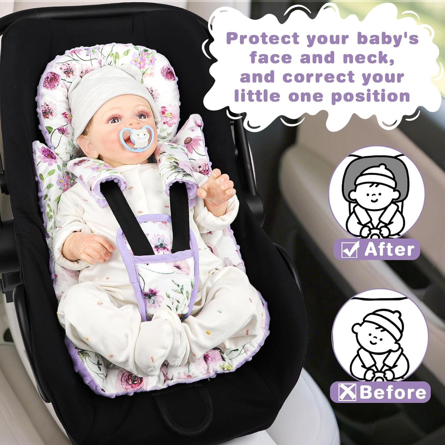 3-in-1 Infant Car Seat Insert, Soft Head and Body Support,Ultra & Strap Covers Set, Reversible Newborn Car Seat Cushion Pad for Baby Boy & Girl fits Stroller, Swing, Bouncer (Purple Flowers)