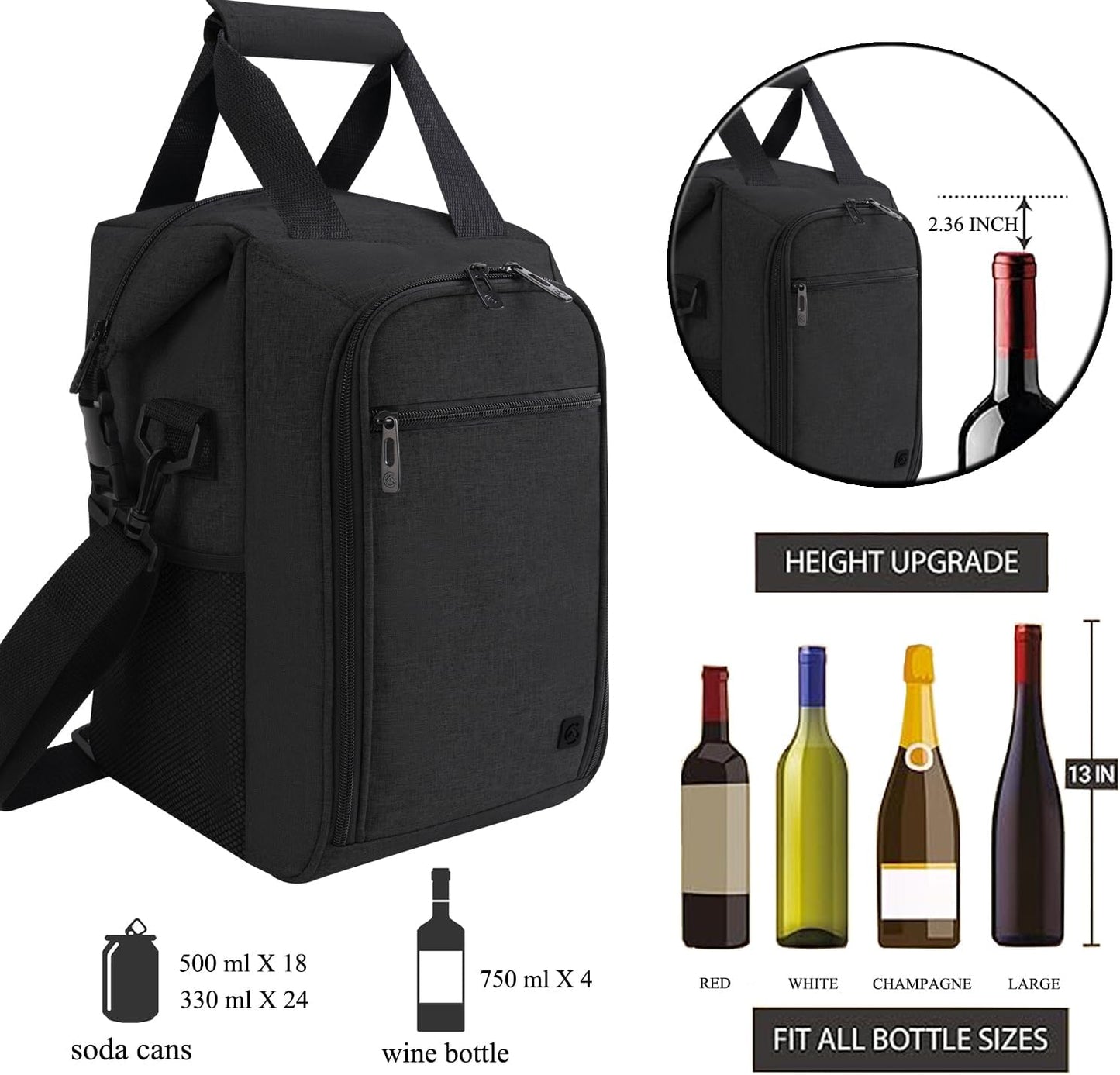 ALLCAMP 4 Bottle Wine Gift Bag - Insulated Tote Cooler, Adjustable Strap, Includes 4 Wine Glasses, Napkins & Corkscrew, Portable Travel Gifting (Black)