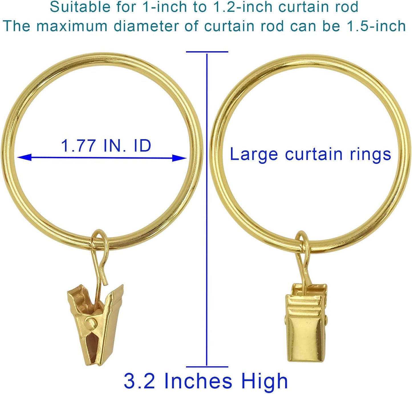 20 Pack Gold Curtain Rings with Clips, Curtain Hooks Hangers Clip Rings for Hanging Drapes Bows Hat, Drapery Rings 1.77 in I D, Fits up to 1.5 in Diameter Curtain Rod.