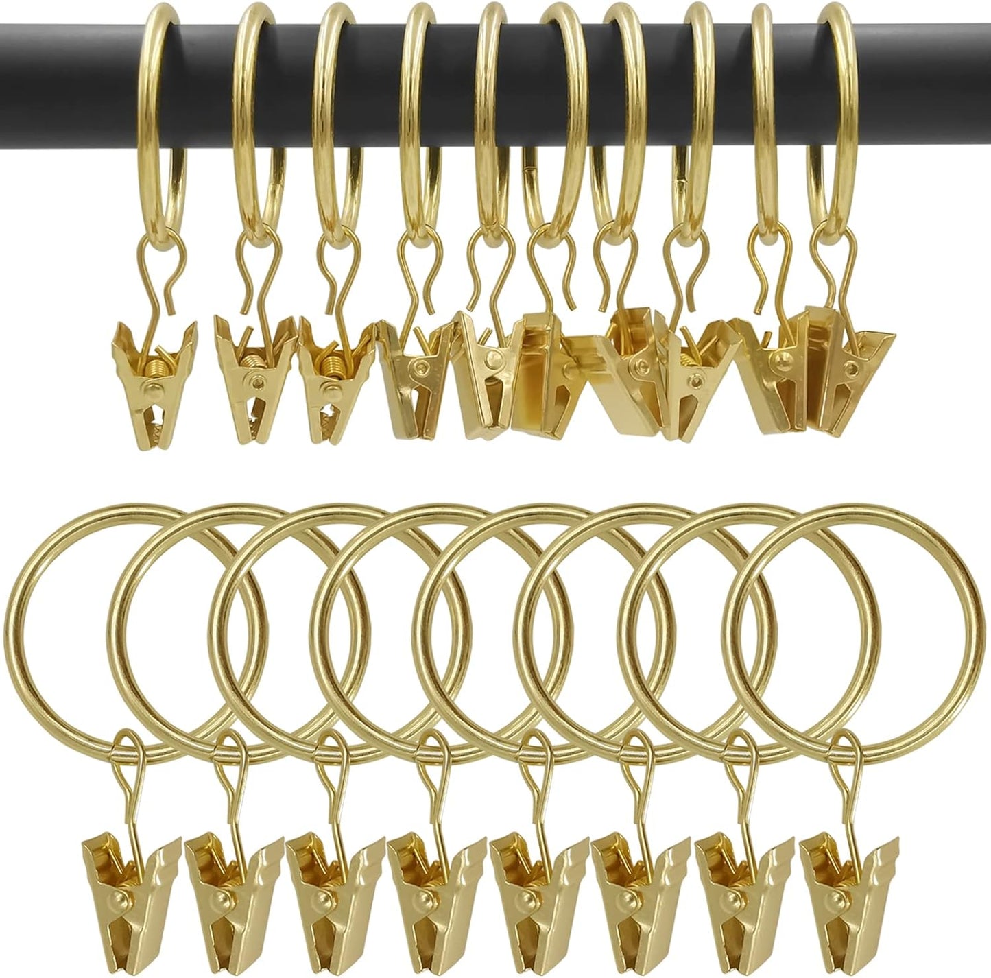 100 Pack Gold Curtain Rings with Clips, Curtain Hooks Hangers Clip Rings for Hanging Drapes Bows Hat, Drapery Rings 1.26 in I D, Fits up to 1 in Diameter Curtain Rod.
