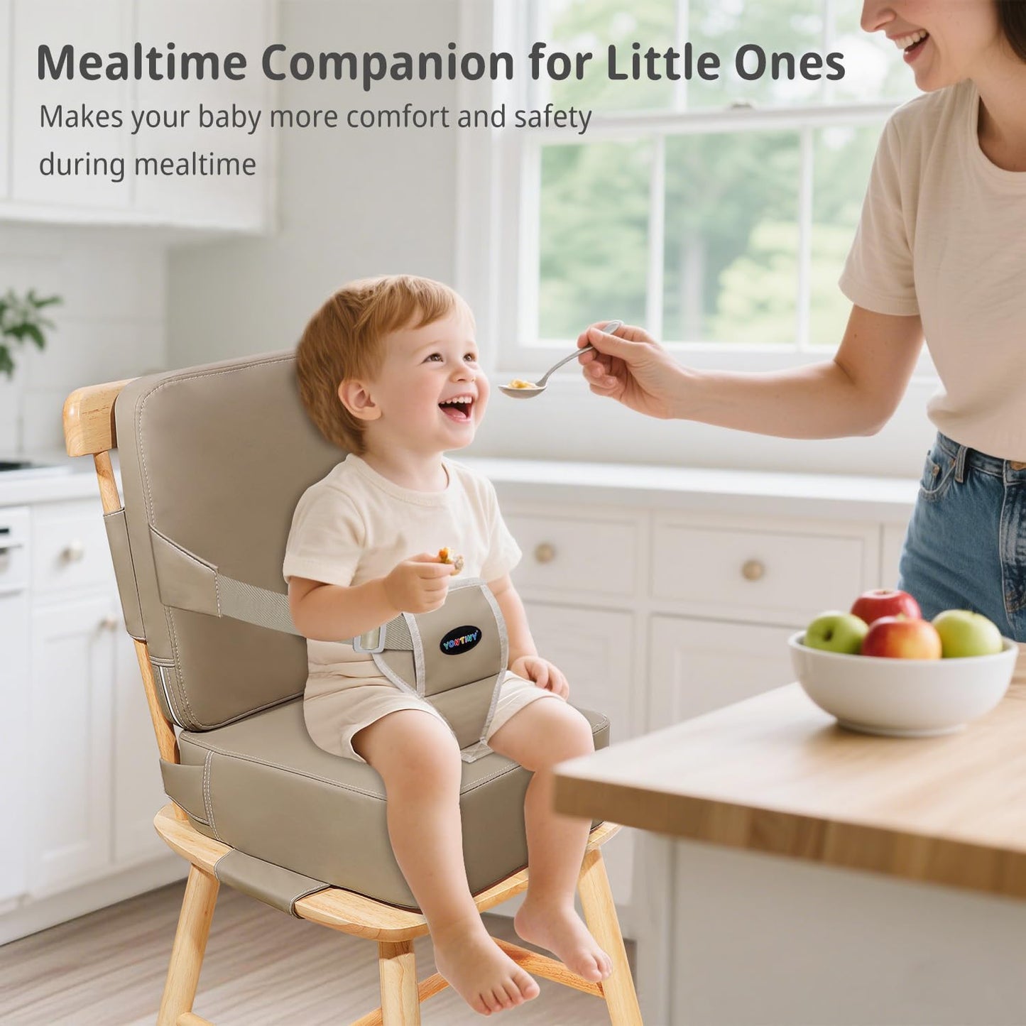 Toddler Booster Seat for Kitchen Chair, 2-in-1 Dining Table Booster Seat with Backrest & Adjustable Straps – Easy-Clean, PU Portable Toddler Eating Travel Increasing Cushion - Dark Coffee