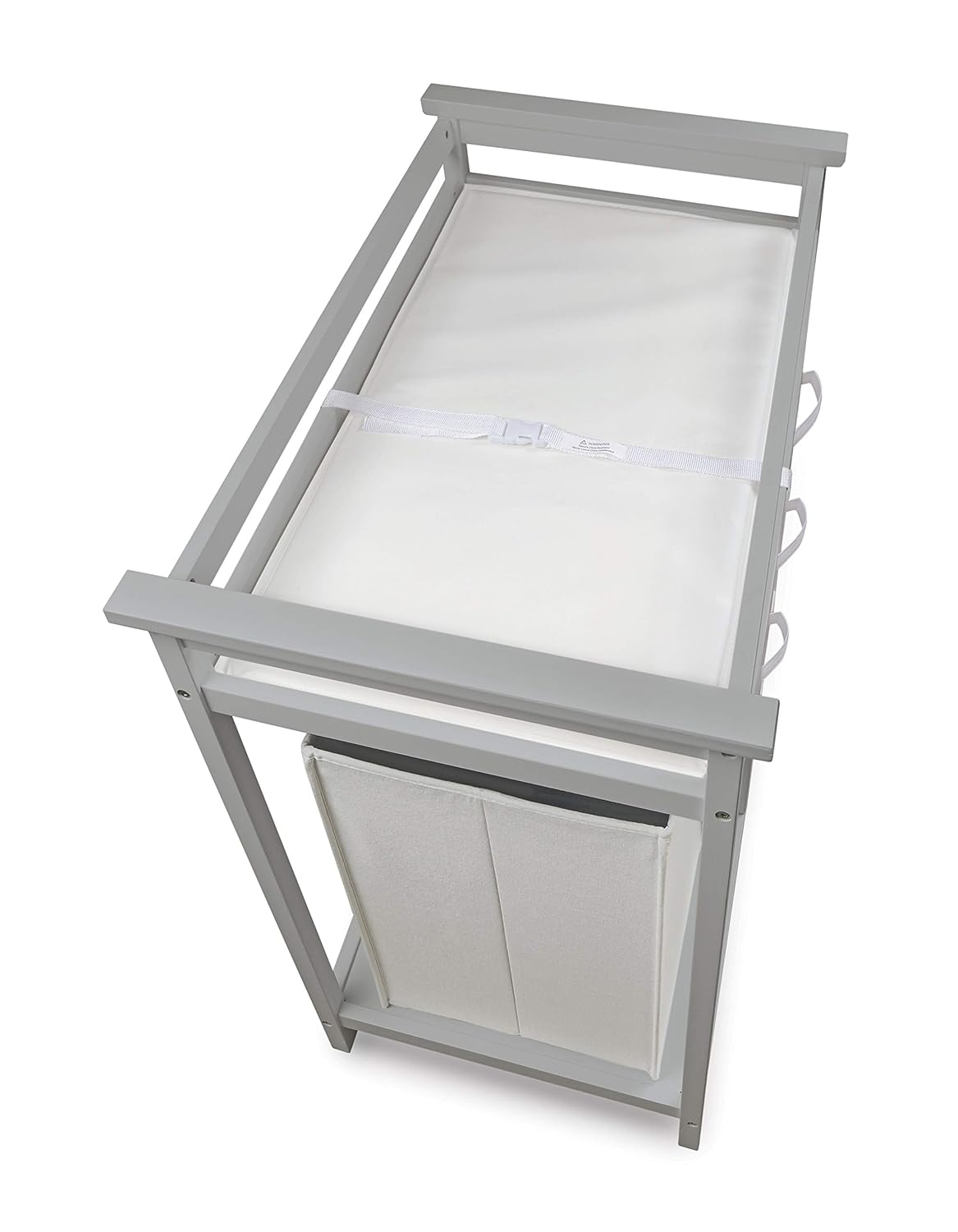Badger Basket Modern Baby Changing Table - Nursery Furniture with Laundry Hamper and 3 Storage Drawers - Diaper Changing Station with Safety Belt, Changing Pad, Organizer Baskets - Cool Gray and White