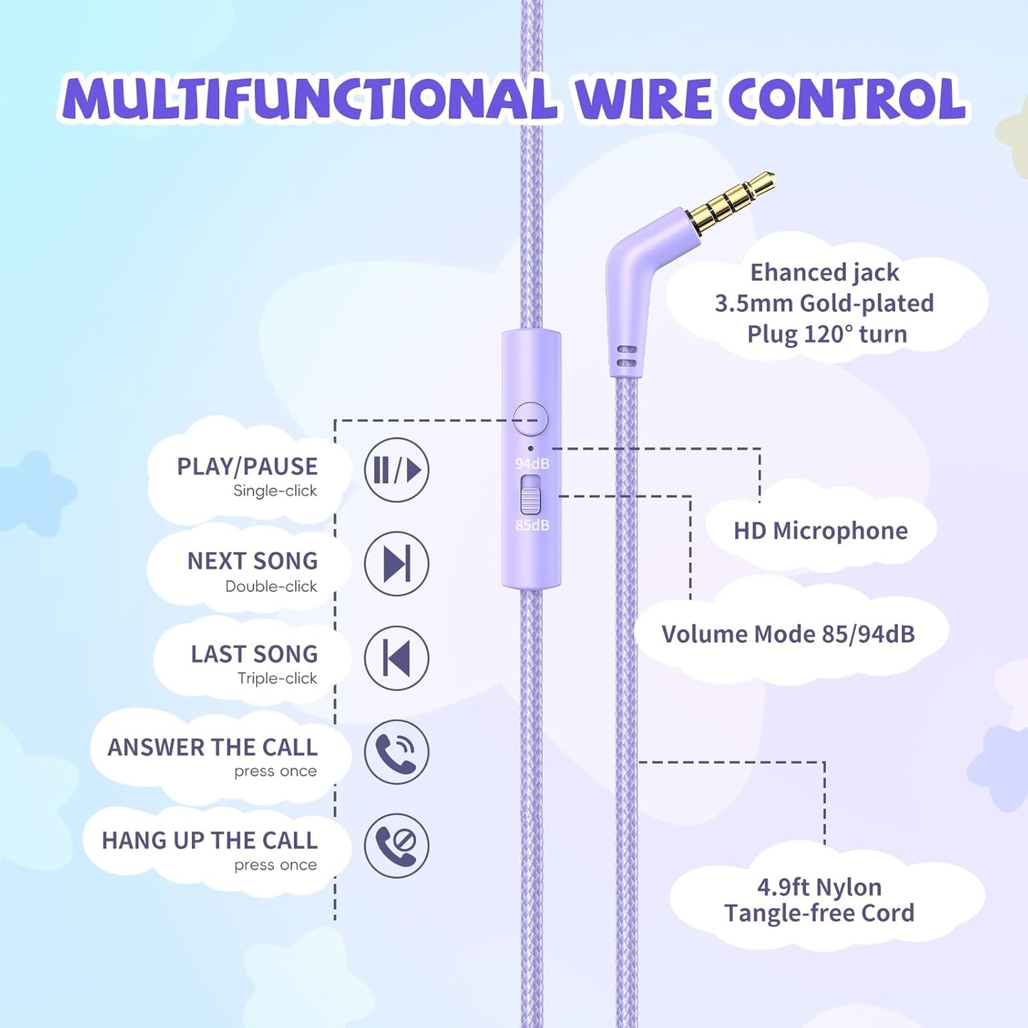 Kids Wired Headphones for School, 85/94 dB Volume Limit, Wired Over Ear Headphones for Girls Kids with Microphone, Foldable Stereo Sound 3.5mm Wire Cord for Kindle Tablet Airplane Travel, Purple