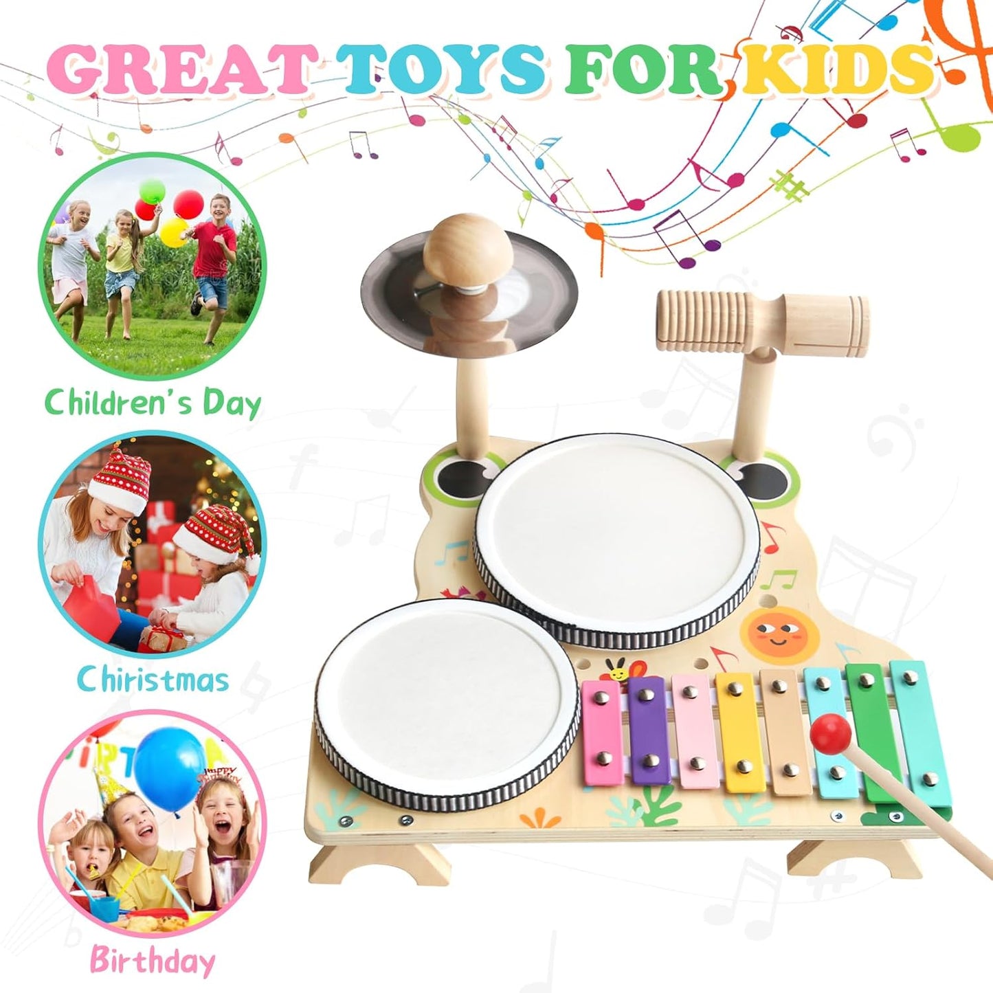 Kids Drum Set for Toddlers, Montessori Wooden Musical Instruments Preschool Educational Baby Musical Toys, Xylophone Bell Music Sensory Toys Birthday Gifts for Girls Boys