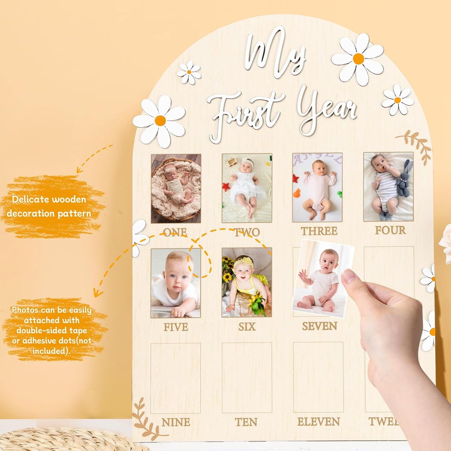 Daisy First Year Photo Board Flower Birthday Party Wooden Board Decorations 12 Monthly Milestone Picture Frame One Year Old Wood Sign 1st Birthday Photo Banner for Baby Girls Keepsake Gift Supply
