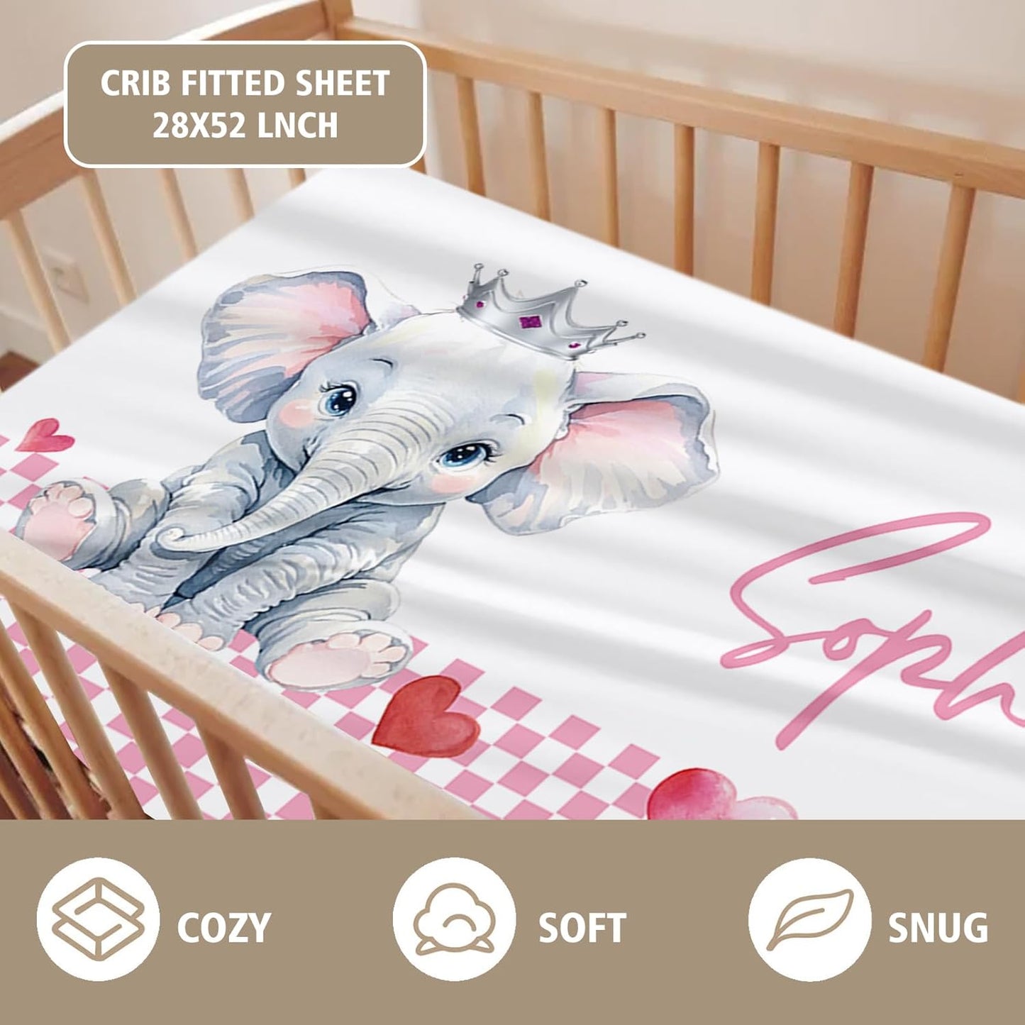 Custom Name Crib Bedding Set - Elephant Theme, Personalized Pink Checkered Nursery Bedding 3-Piece Set– Soft Blanket, Fitted Sheet, Changing Pad Cover – for Newborns Girls Nursery Gifts