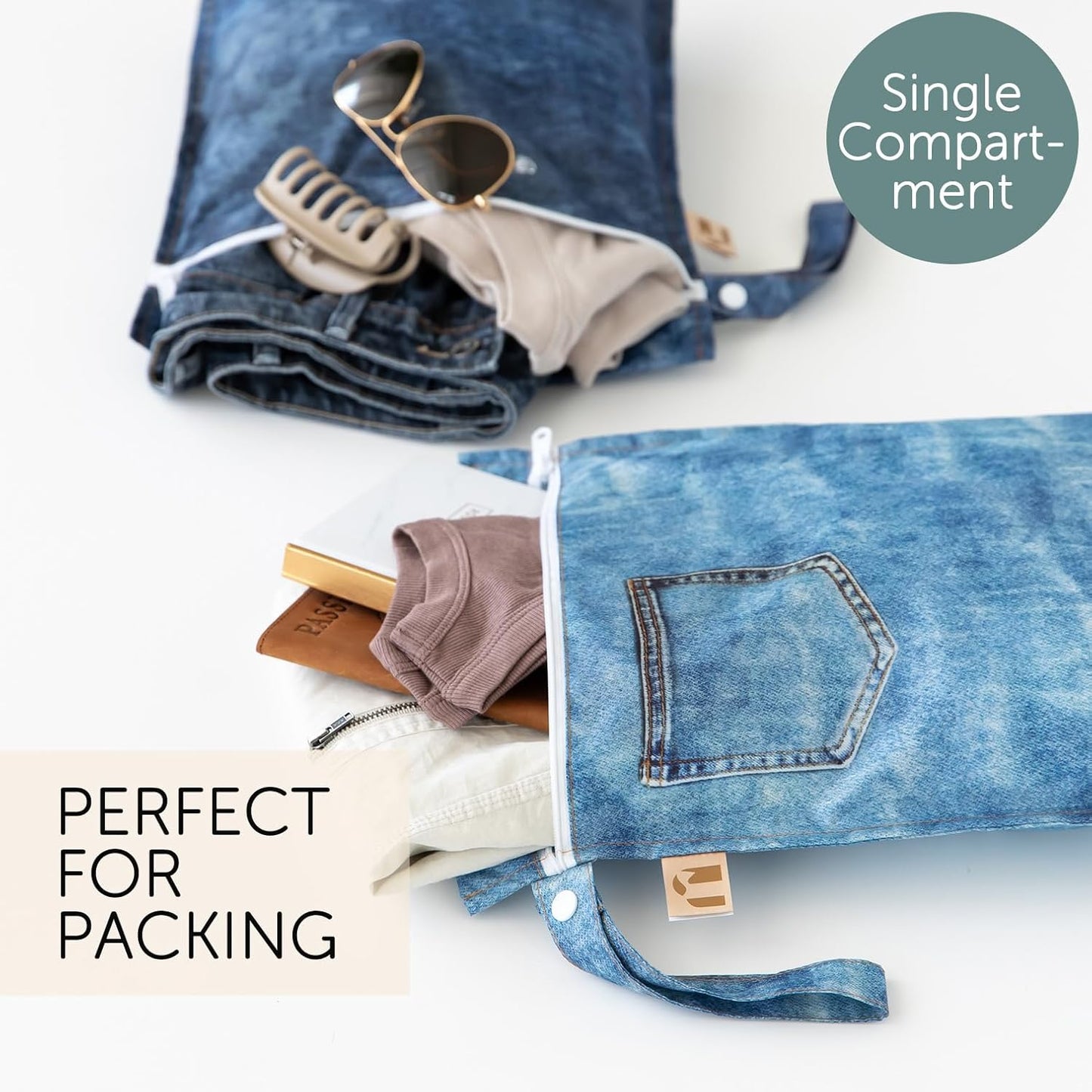 Bumkins Roamio - Waterproof Wet Bag - For Baby, Travel, Swim Suit, Cloth Diapers, Pump Parts, Pool, Gym, Toiletry, Strap to Stroller - Reusable & Easy to Clean - 2pk - Faux Pocket Patch Denim