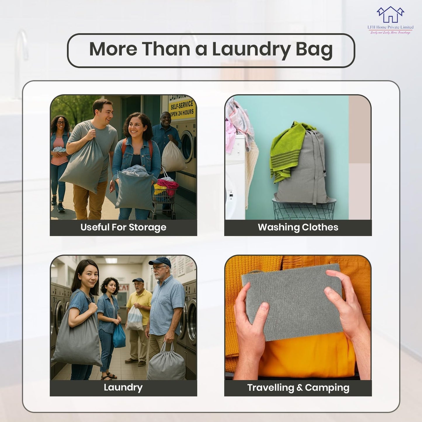 LFH Home Cotton Canvas Extra Large Laundry Bag with Handle, Heavy Duty Drawstring Closure Washable Laundry Bags, School Travel, Home, Hotel, College Dorm, Organizer Sack, Toys Clothes 28x36-Grey