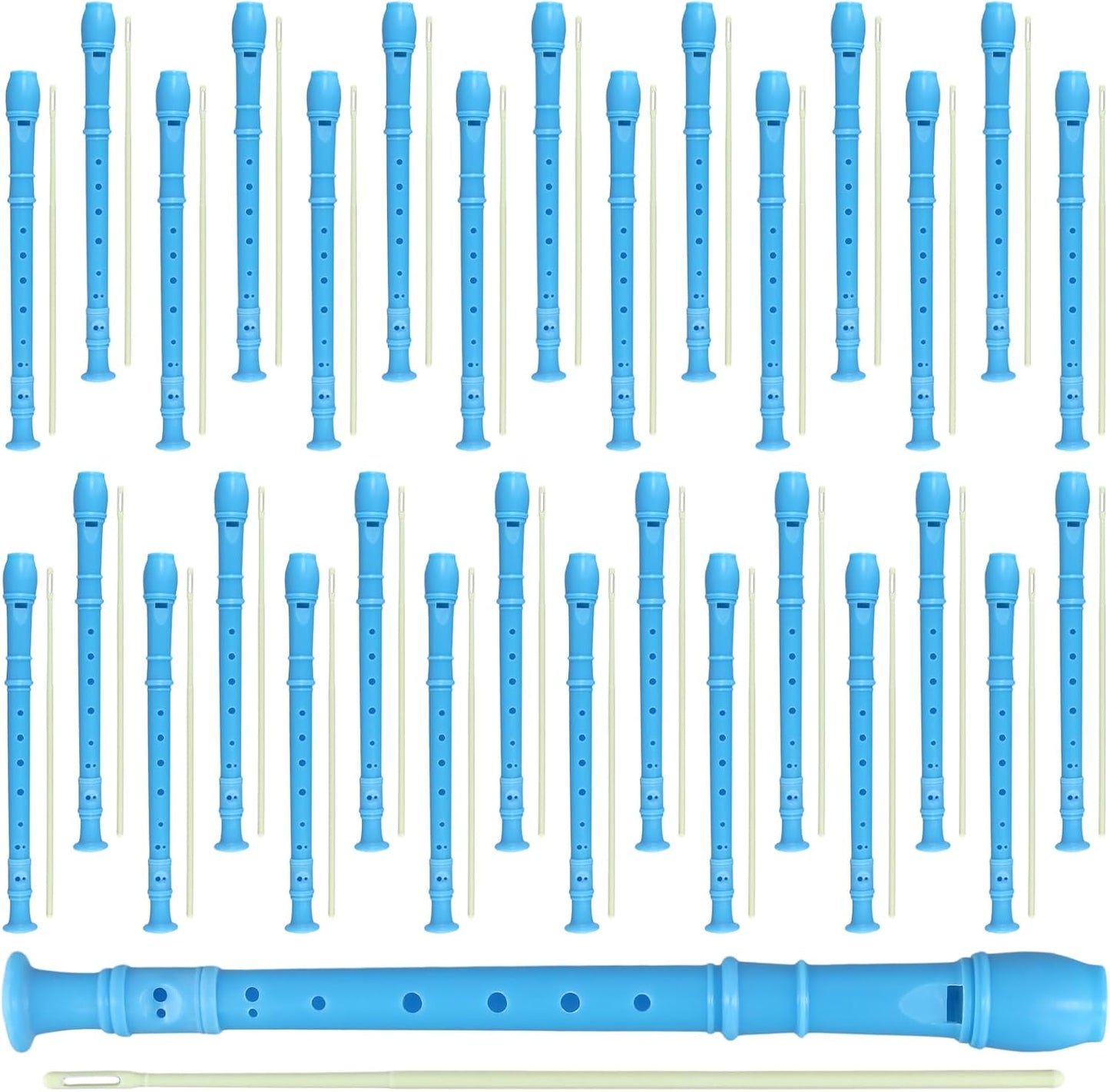 30 Pack 8 Hole Soprano Recorder Descent Flute, German Musical Recorders Instruments with Cleaning Rod, Blue Flutes for Beginners, Student Practice, School Concert