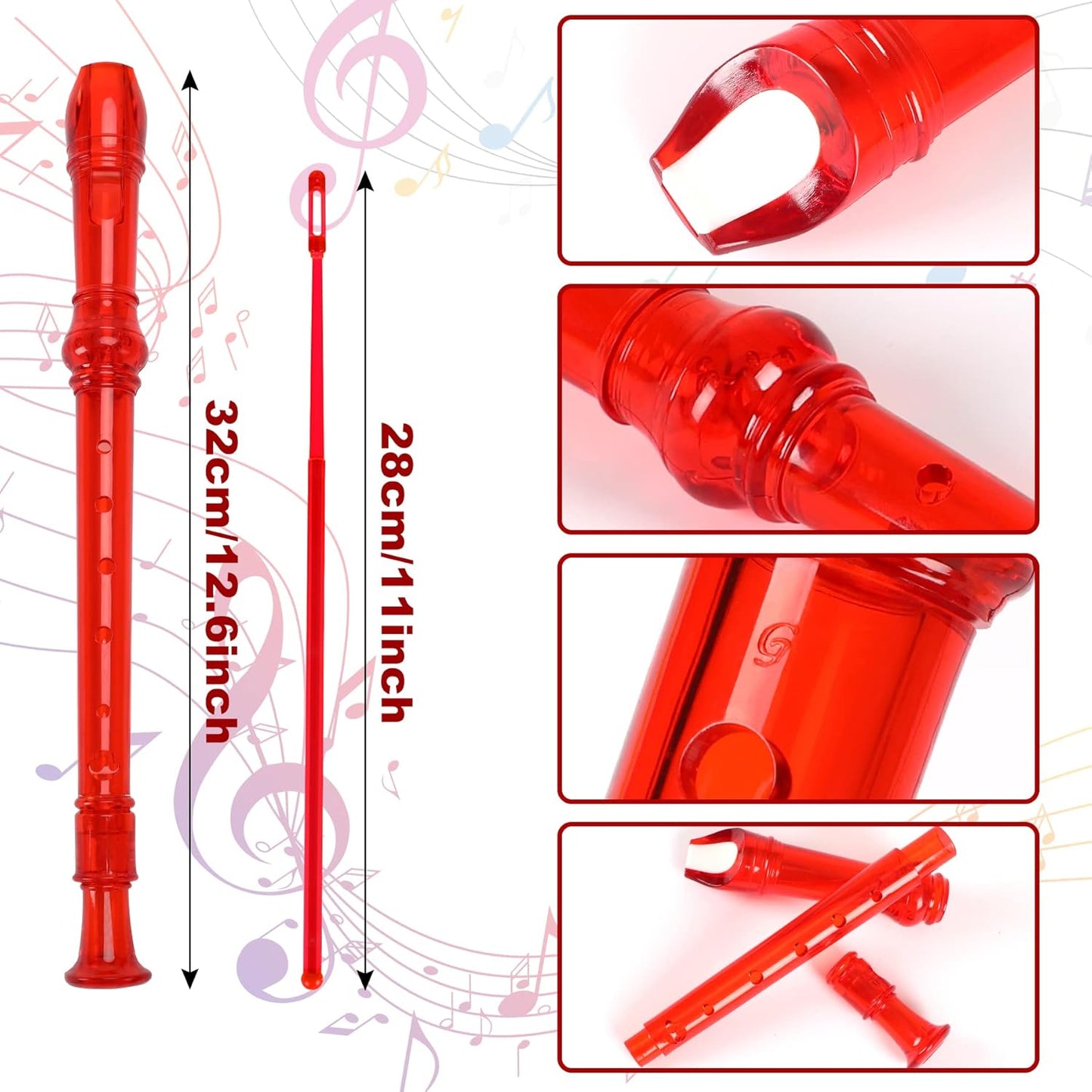 SANNIX 4 Pack 8 Hole Plastic Soprano Descant Recorder With Cleaning Rod, Instruction and Storage Bag, German Style (Clear Red)