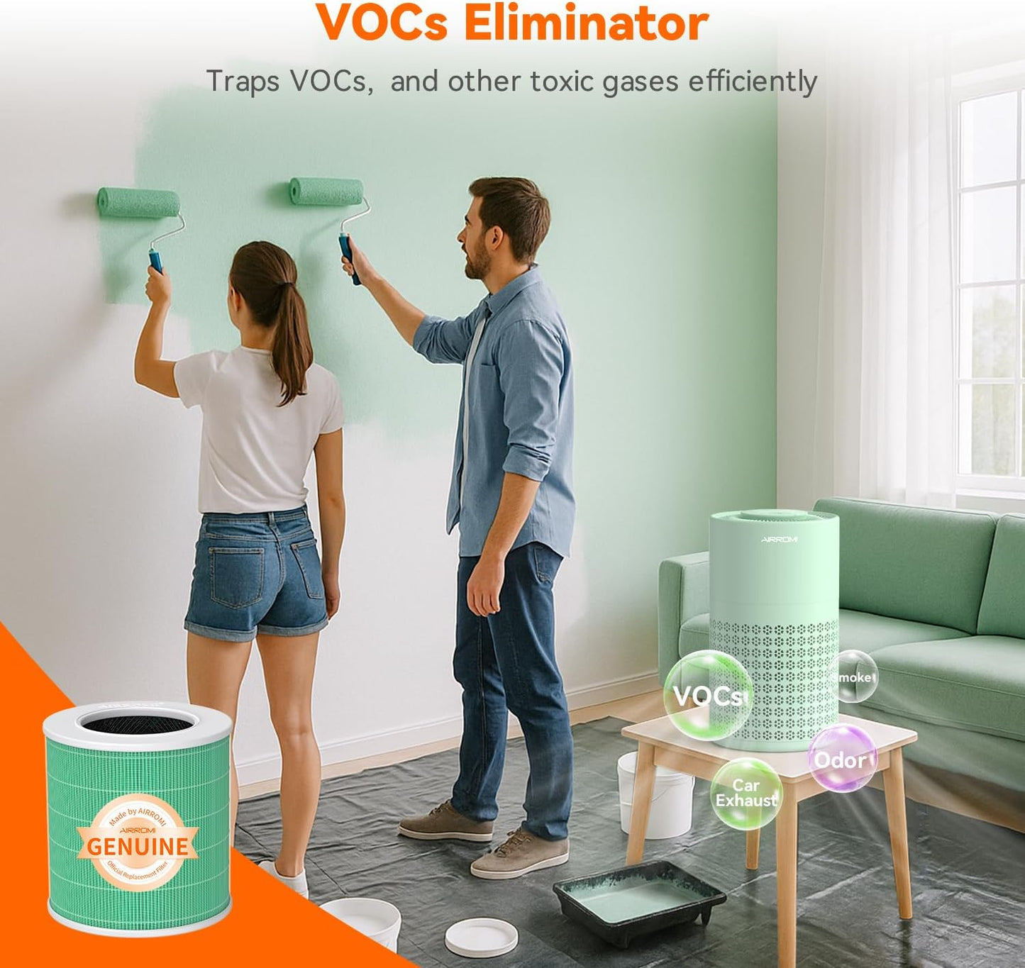 AIRROMI Air Purifier for Bedroom with HEPA 3-in-1 Filter, Pet Air Purifier for Home Cat Pee Smell, Covers Upto 990 Ft², Quiet 360°intake Air Cleaner for pet hair,allergies,Dust,Smoke A2001 Green