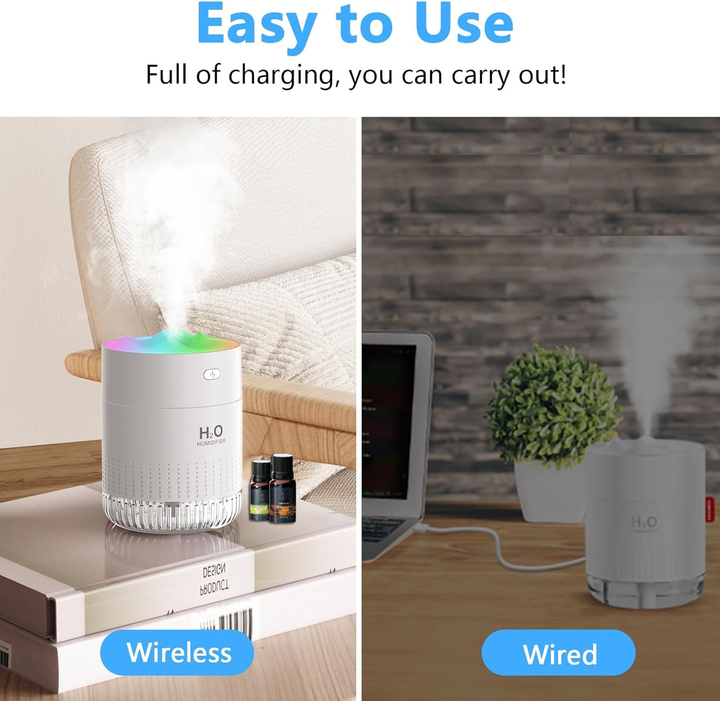 Portable Small Humidifiers for Bedroom Baby, Rechargeable Mini Cool Mist Plant Humidifier for Plants, Quiet Desktop Humidifier with 2 Working Modes & Colorful Night Light for Travel, Office, Bedroom