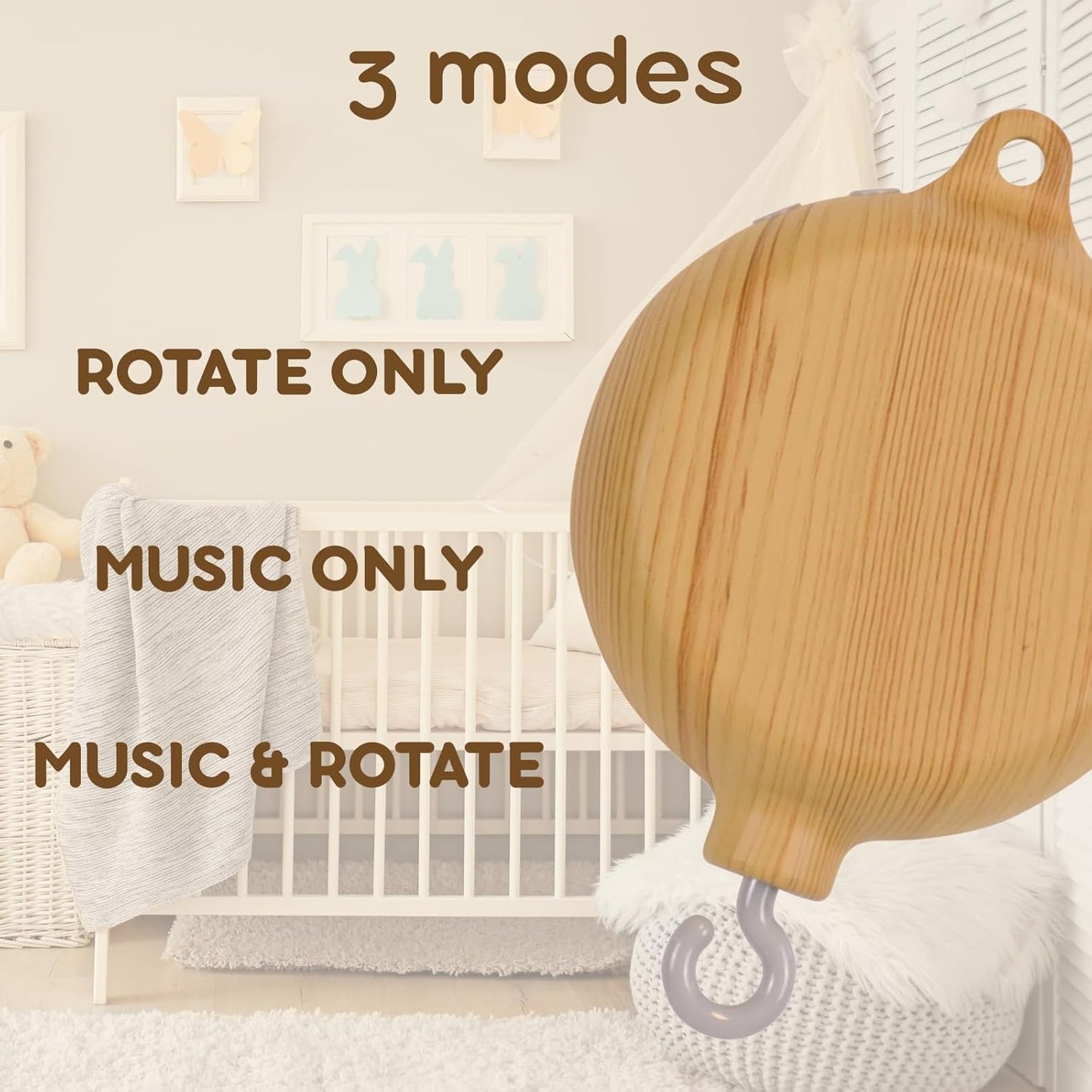 Crib Mobile Motor with Music Box, Baby Mobile for Crib with 12 Classic Lullabies & Rotating Function, Wooden Design Crib Mobile with Music