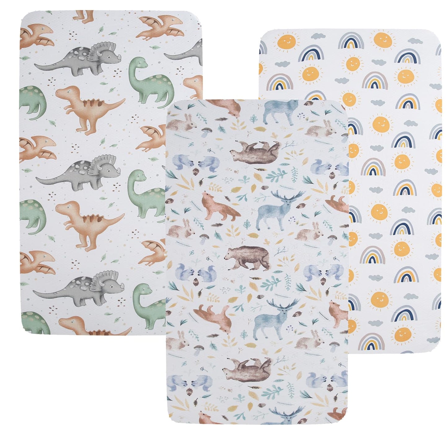 Pack n Play Sheet Stretchy Fitted Portable Mini Crib Sheets Set 3 Pack,Playard Sheets Convertible Playard Mattress Cover,Ultra Soft Jersey Material,Sun/Forest Deer/Dinosaur