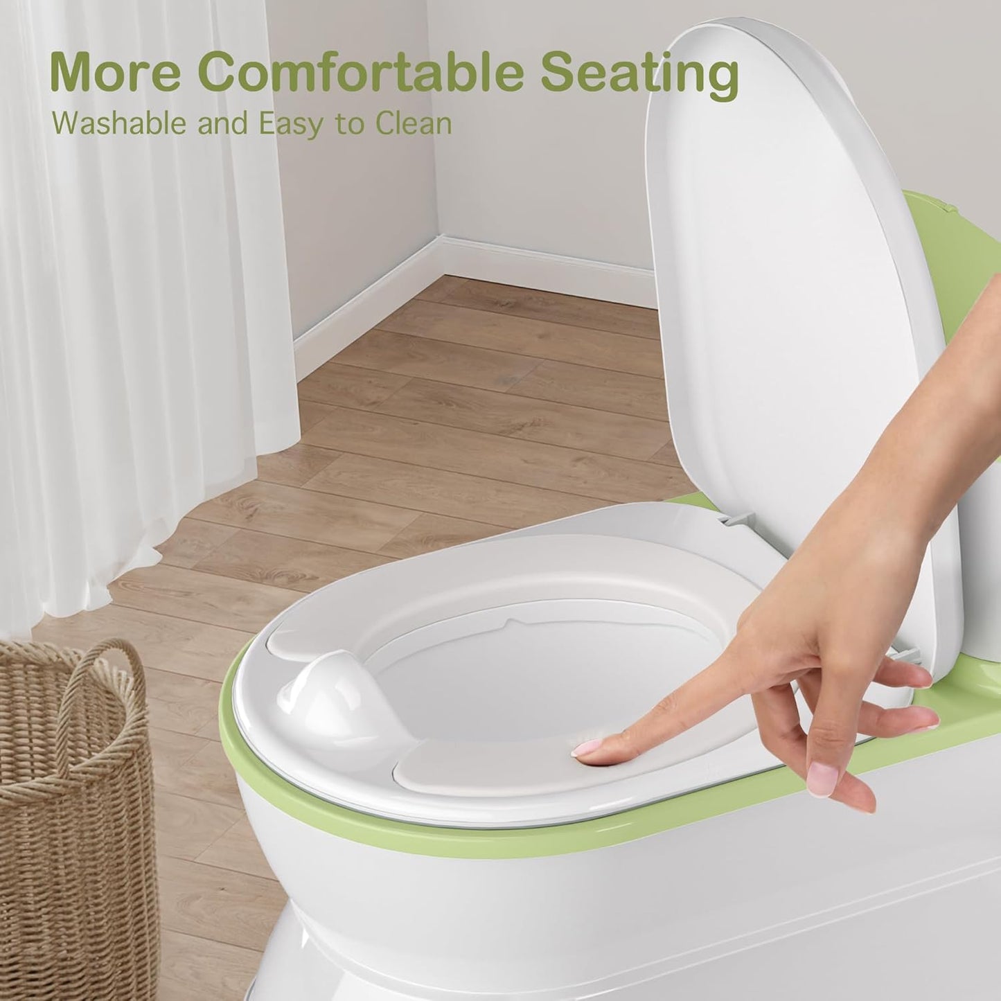 2-in-1 Toddler Potty Training Toilet - Larger Potty Chair & Detachable Training Seat for Boys & Girls Ages 1-3 with Flushing Sound, Wipes Storage, Toilet Paper Holder - Green