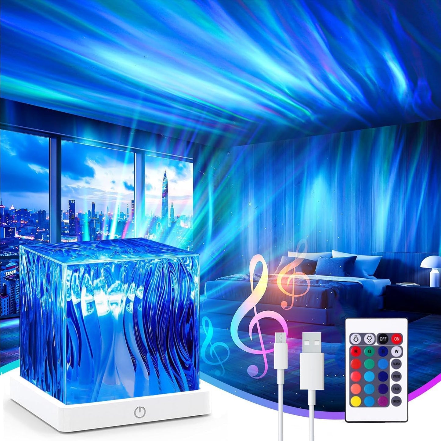 Northern Lights Projector, 16 Colors Rechargeable Aurora Light Projector & Mood Lighting Galaxy Lamp, Aurora Water Ripple Projector Light with Remote Control for Room Decorations,Cool Lights