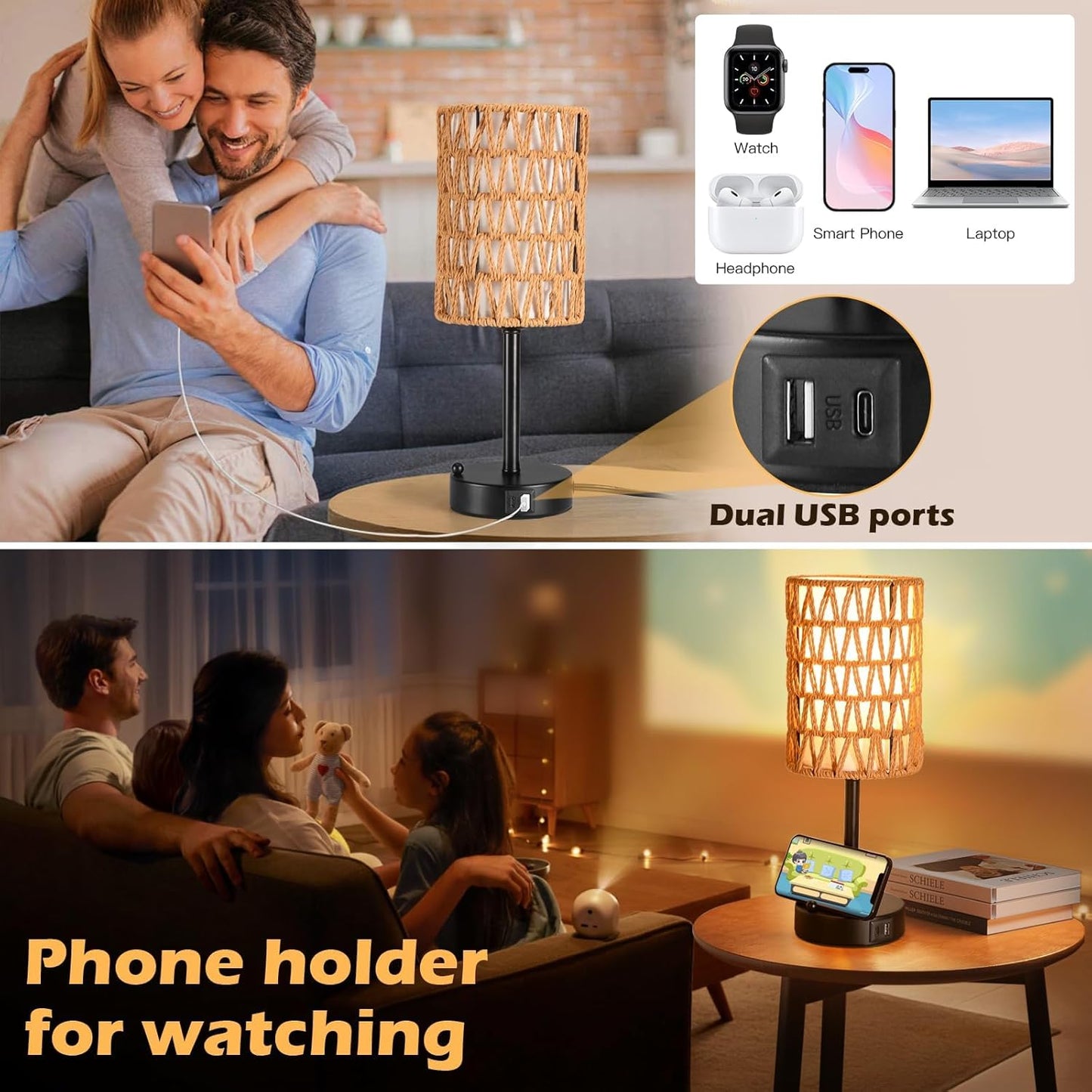 Rattan Table Lamps for Living Room, 3 Way Dimmable Touch Lamps, Small Bedside Lamps with LED Bulbs, Phone Stand, USB Ports and AC Outlet, Boho Nightstand Lamp for Kids Room, Bedroom, Office (1 Pack)