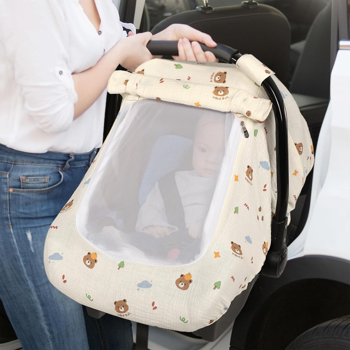 Hooyax Muslin Car Seat Cover Baby - Breathable and Privacy Car Seat Canopy with 3 Modes - Easy Install & Gift Box Packaging, Universal Fit for Infant Car Seats, Bear