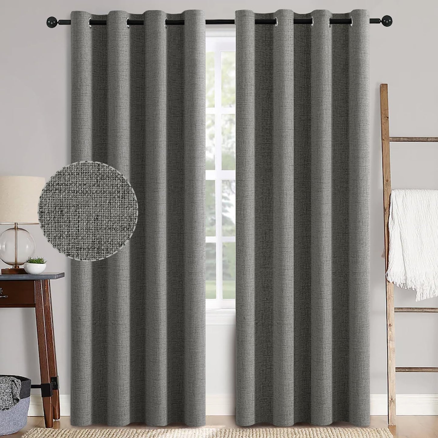 MIULEE Linen Texture Curtains for Bedroom Solid 100% Blackout Thermal Insulated Dark Grey Curtains Grommet Room Darkening Curtains/Draperies Luxury Decor for Living Room Nursery 52x84 Inch (2 Panels)