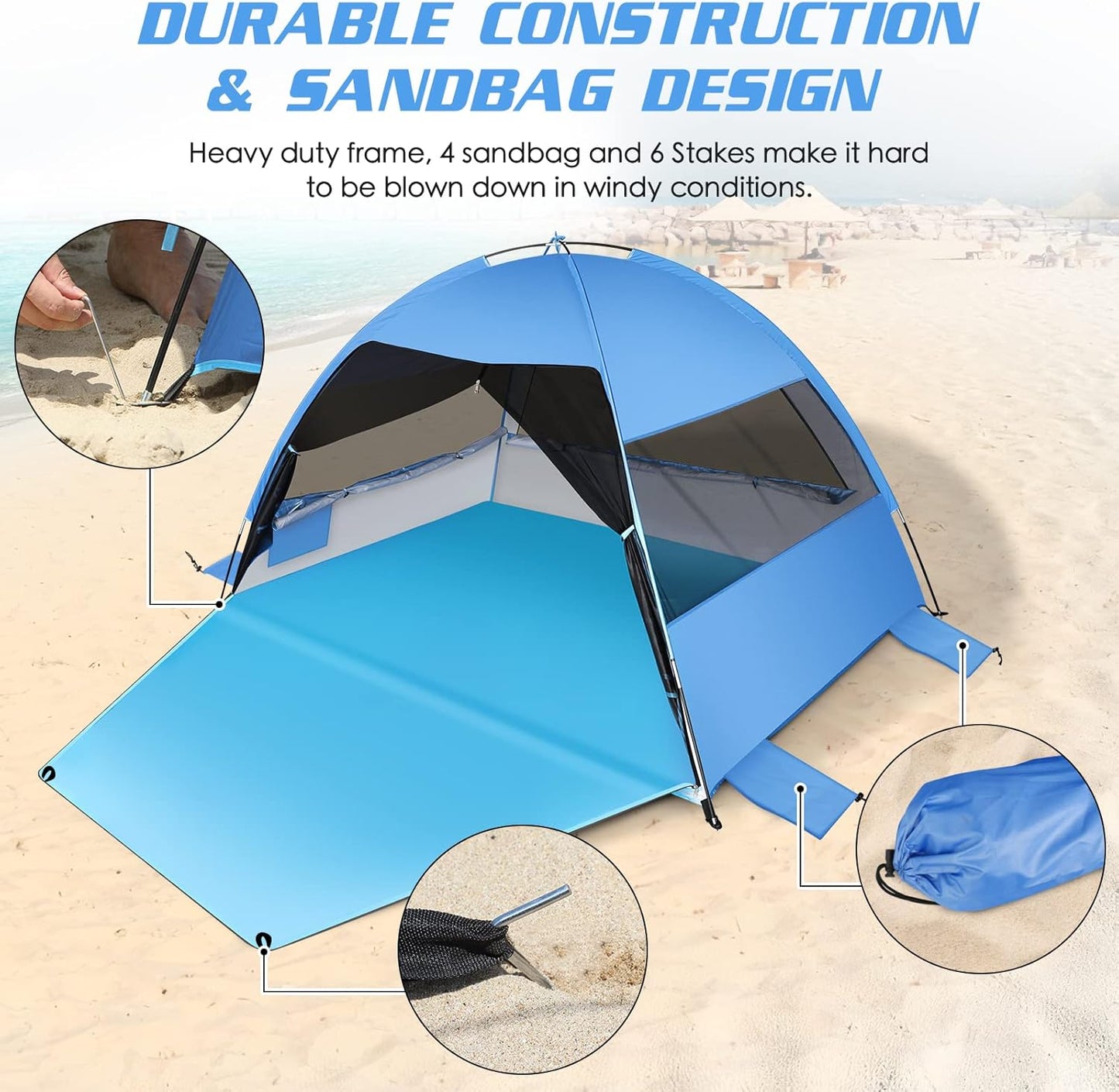 Large Easy Setup Beach Tent,Anti-UV Beach Shade Beach Canopy Tent Sun Shade with Extended Floor & 3 Mesh Roll Up Windows Fits 3-4 Person,Portable Shade Tent for Outdoor Camping Fishing