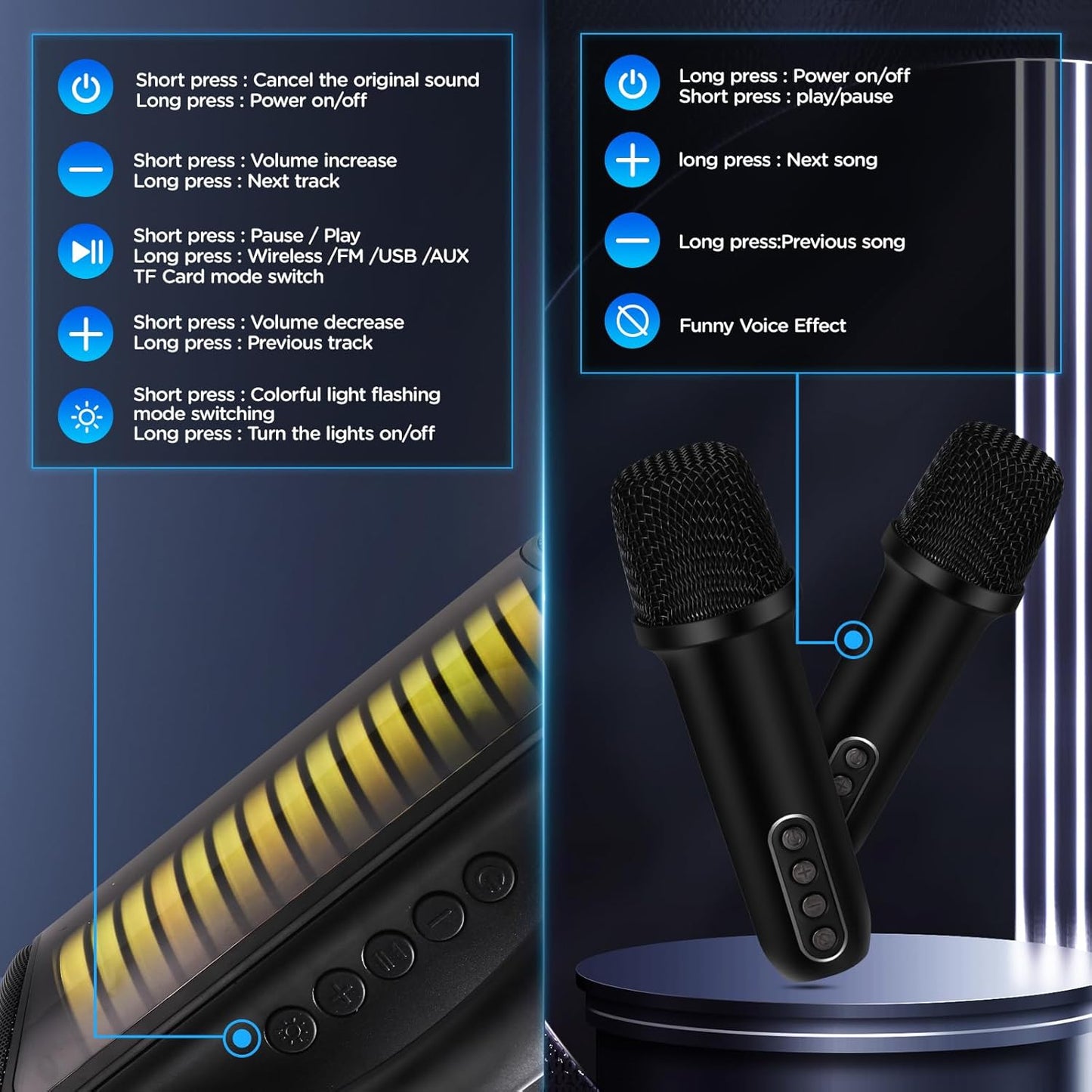 Karaoke Machine Portable Bluetooth Speaker with 2 Wireless Microphones Rechargeable Karaoke Machine for Kid and Adult Party PA Speaker Multiple LED Light Mode Support TWS/Radio/AUX/REC