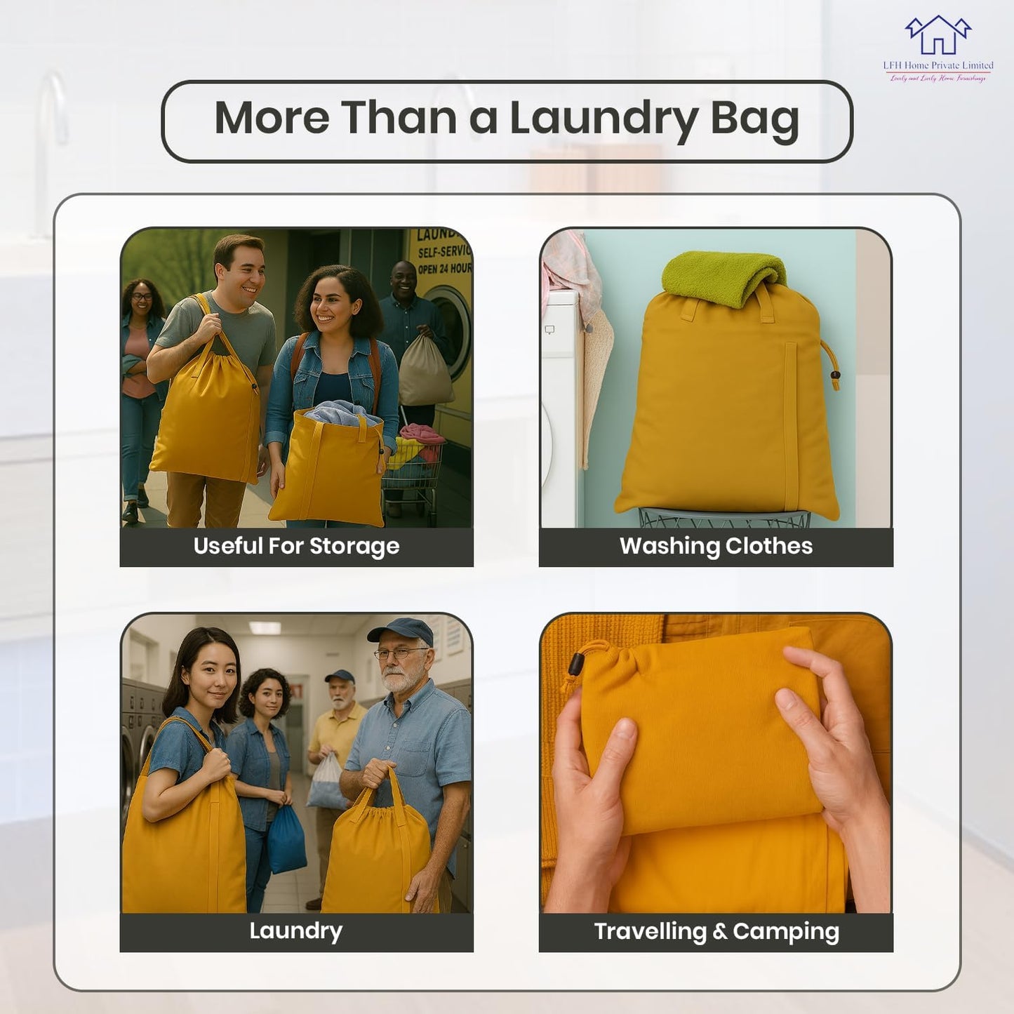 LFH Home Cotton Canvas Large Laundry Bag with Handle, Heavy Duty Drawstring Closure Washable Laundry Bags, School Travel, Home, Hotel, College Dorm, Organizer Sack, Toys Clothes 28x40-Yellow