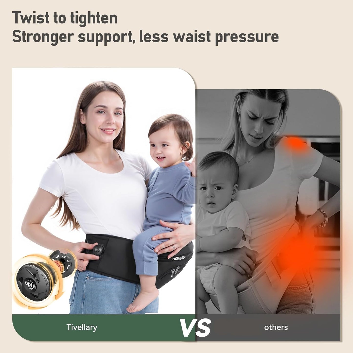 Baby Carrier with Hip Seat, Parent-Approved Baby Hip Carrier & Toddler Carrier, Comfortable Wide Waist & Lumbar Support, Thick Seat with Storage, Adjustable Knob, Supports 44lbs, Black