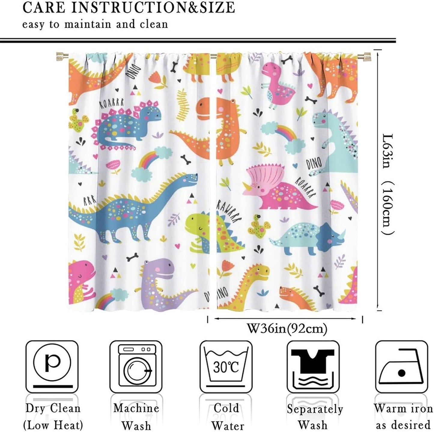 Cartoon Dinosaur Curtains for Kids Boys Girls Home Decor Childish Cute Dino Animals Print Pattern Rod Pocket Blackout Window Drapes for Nursery Baby Bedroom Playroom W36xL63in 2 Panels