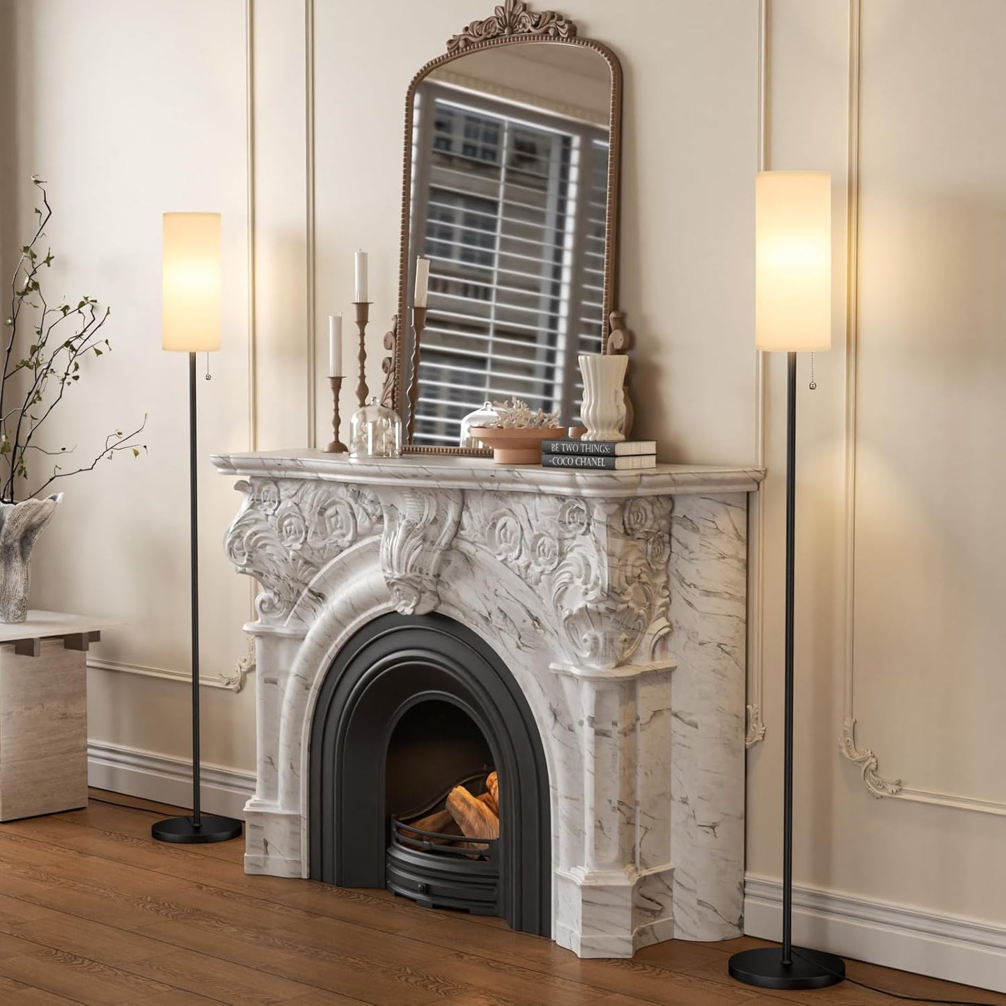 Ambimall Floor Lamp with 3 Color Temperatures Bulb Set of 2, 64" Standing lamp with Linen lampshade for Bedroom, Minimalist Pole Lamp, White Shade & Black Pole