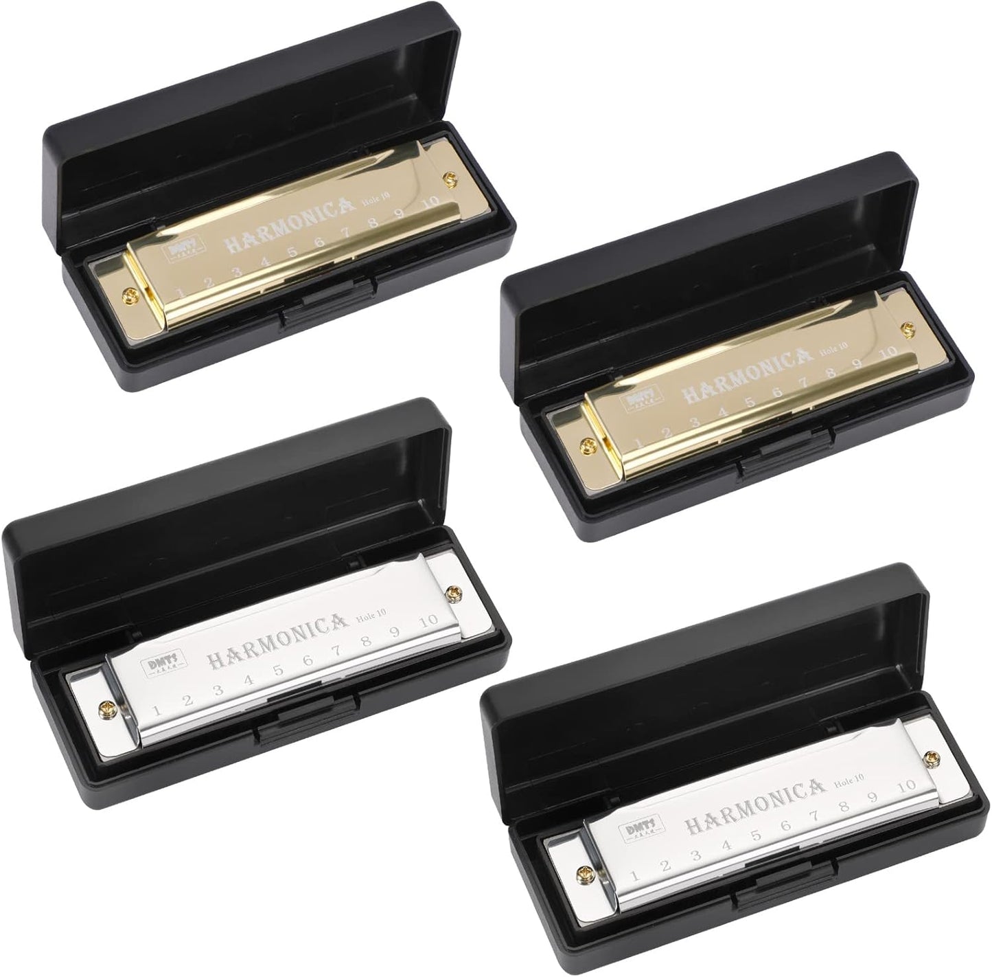 UPINS Harmonica, 4PCS Key of C 10 Hole 10 Tones Titanium Color Harmonica with Case for Beginner (Gold, Silver)