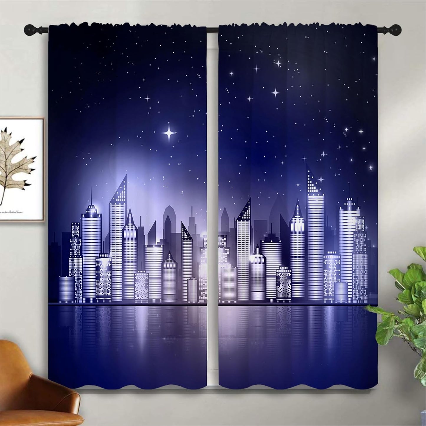 City Rod Pocket Blackout Curtains for Boy Girl Bedroom, New York Skyline Modern City Starry Sky Night View Thermal Insulated Home Window Drapes for Living Room Darkening, 42x45 inch