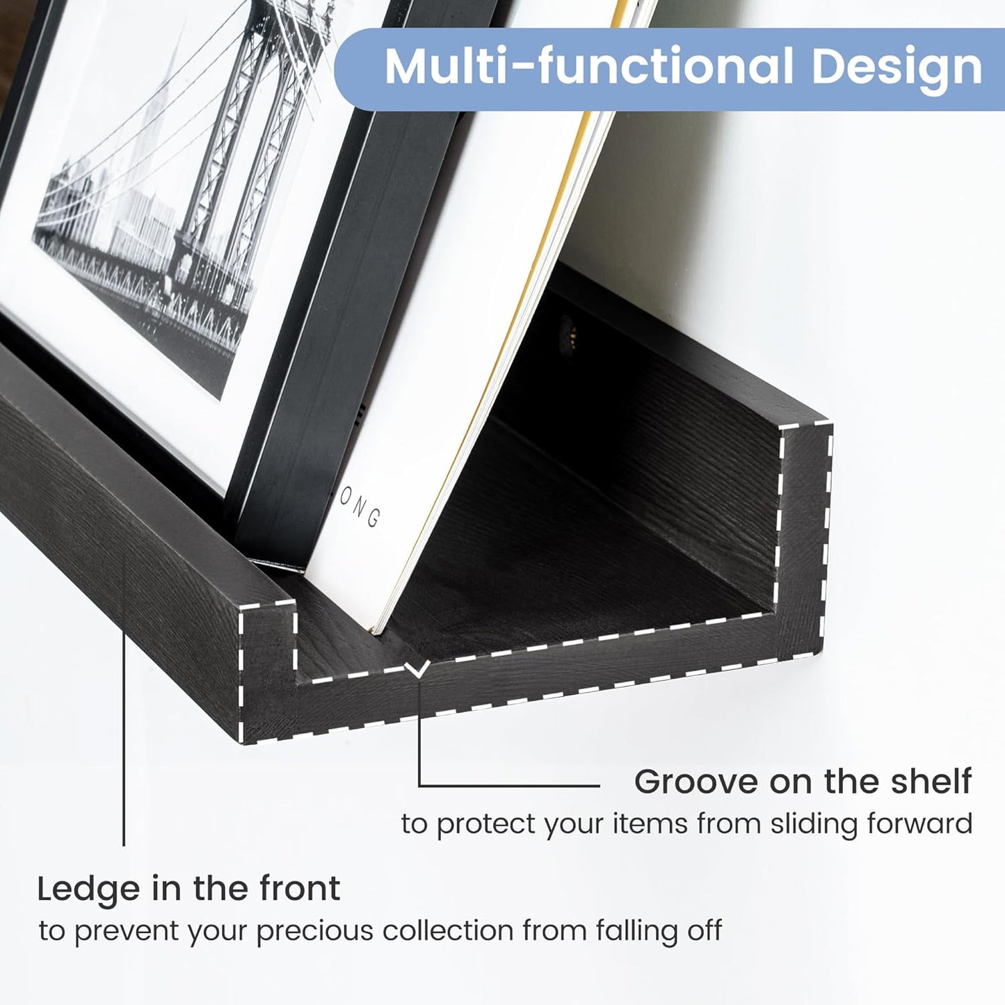 Picture Ledge Wall Shelves - 36 Inch Width Set of 3, Solid Pine Wood Rustic Floating Ledge Shelves for Kids' Room, Bedroom, Kitchen, Bathroom, Living Room, Nursery Display Wall Decor, Black