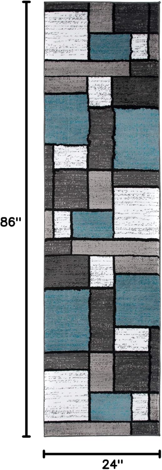 Rugshop Contemporary Modern Boxes for Home Office,Living Room,Bedroom,Kitchen Non Shedding Runner Rug 2' x 7'2" Blue/Gray