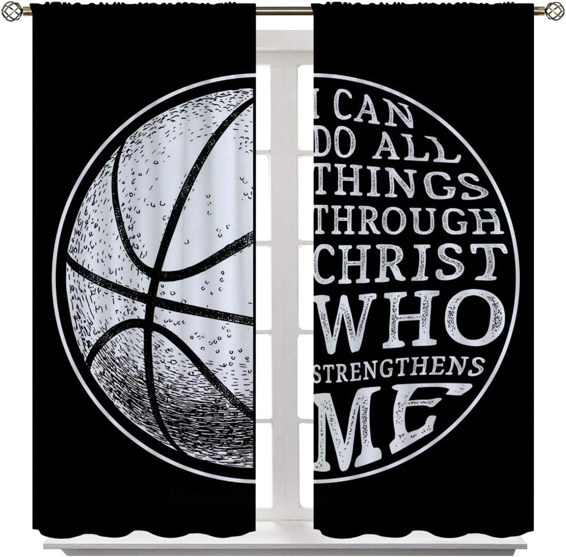 Basketball Blackout Curtains for Boy Girl Room Darkening Decor,Sport Theme and White Motto Dark Background Bedroom Living Room Home Rod Pocket Thermal Insulated Window Curtain/Drapes Panel,42x63 Inch…