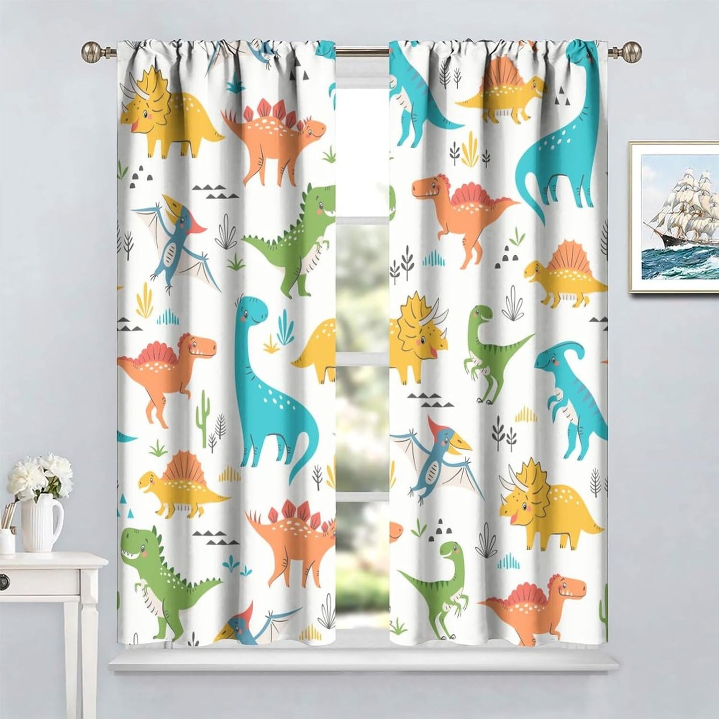 Kids Dinosaur Curtains for Boy Girl Bedroom Decor Cartoon Dino Colorful Cute Funny Animal Wildlife Printed Blackout Rod Pocket Window Drapes for Baby Nursery Playroom Living Room W42xL84in 2 Panels