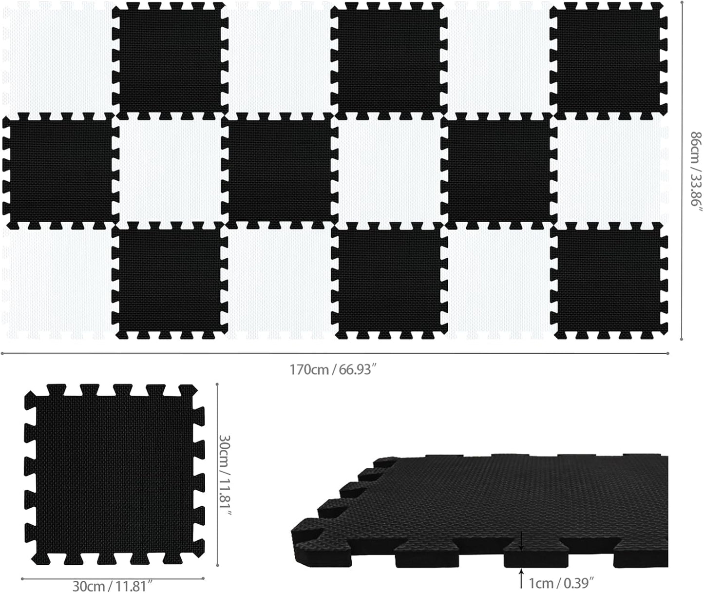 qqpp EVA Rubber 18 Tiles Interlocking Puzzle Foam Floor Mats - Baby Play Mat for Playing | Exercise Mat for Home Workout. White, Black. QC-ADb18N