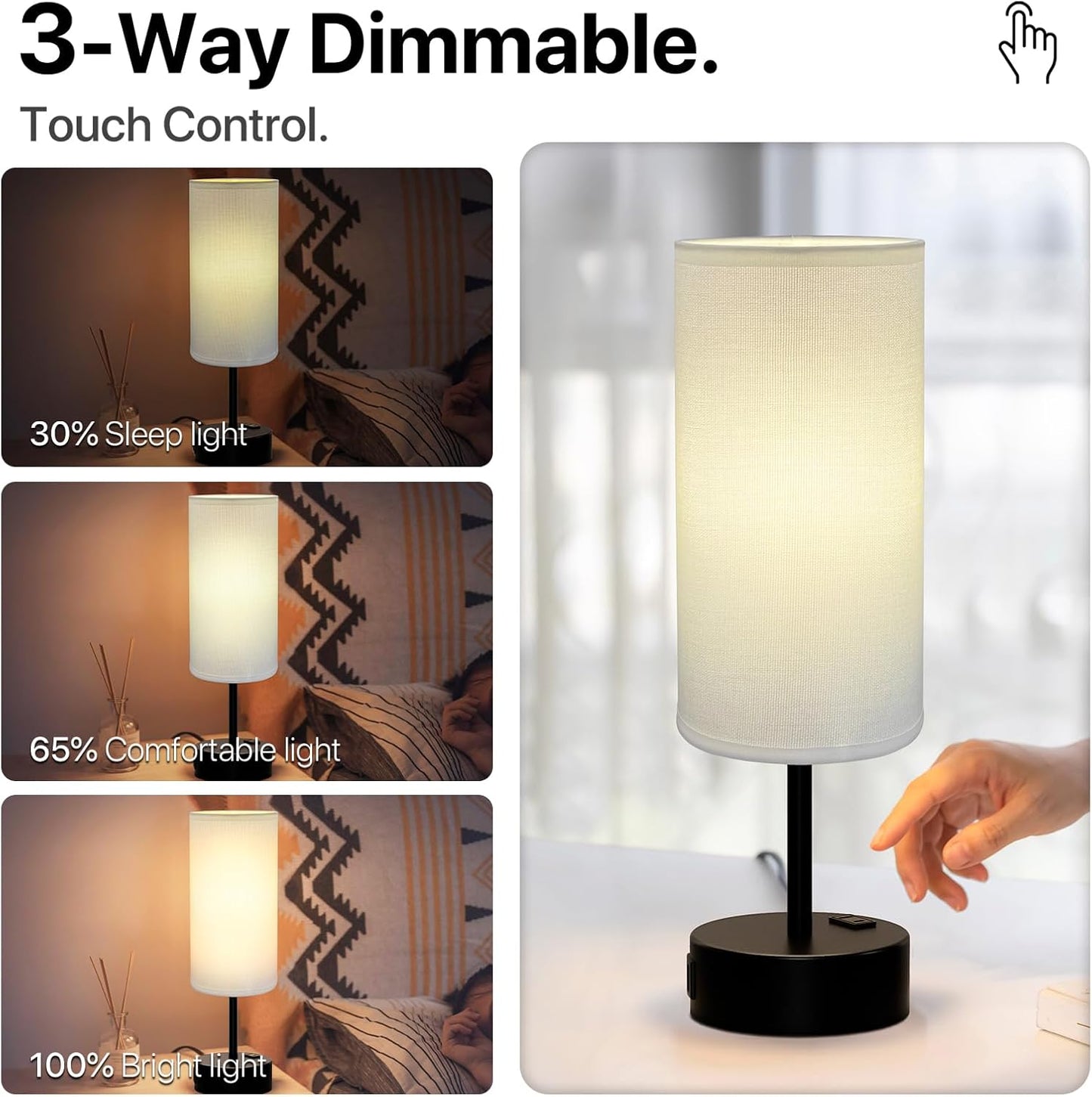 KPQ Small Bedside Lamp Touch Control Table Lamp with USB A+C Charging Ports & AC Outlet 3-Way Dimmable Nightstand Lamp with Linen Fabric Shade for Bedroom Living Room
