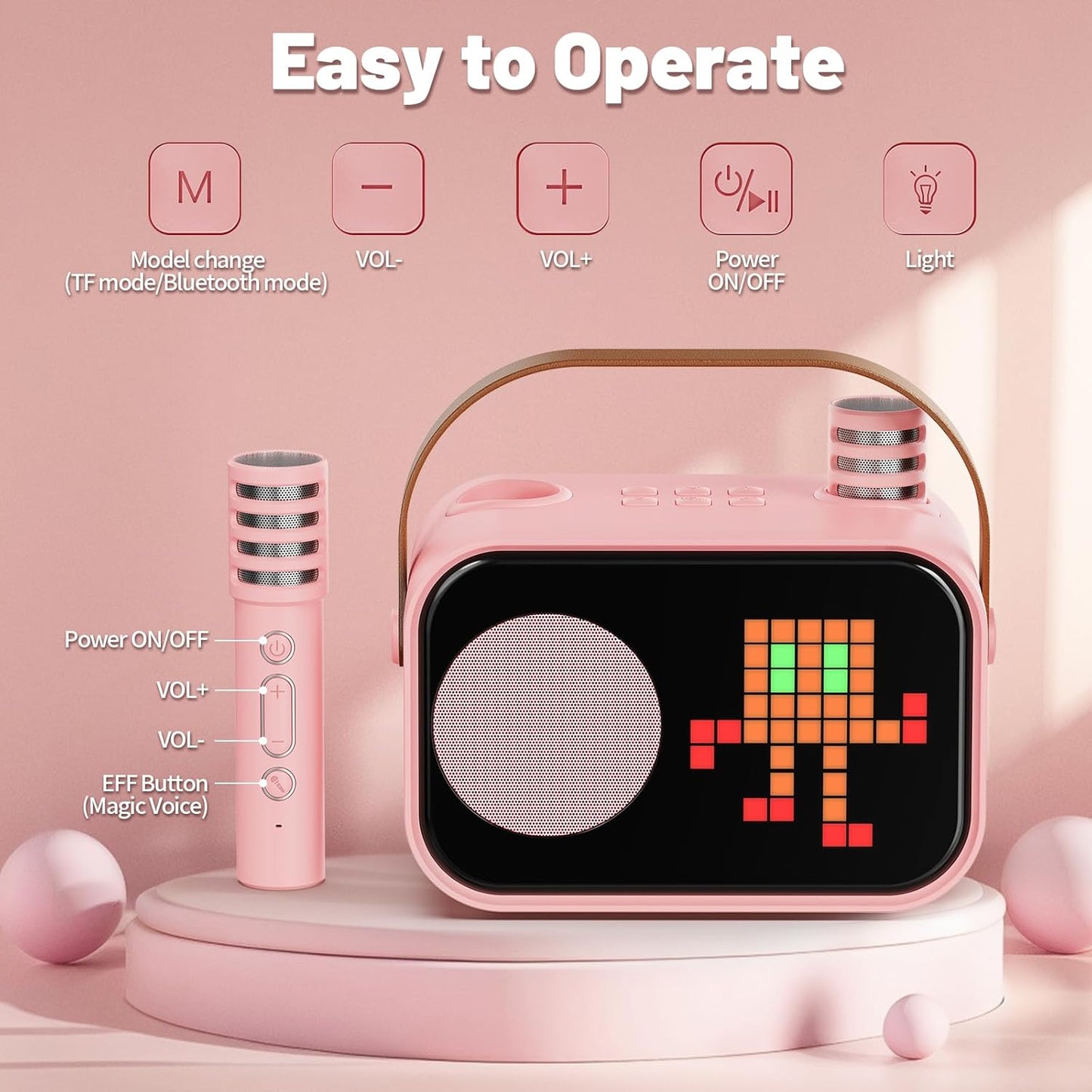 Karaoke Machine for Kids Adults, Portable Bluetooth Karaoke Speaker with 2 Wireless Microphones, Pixel Display Light, Birthday Gifts Toys for Girls & Boys Ages 3, 4, 5, 6, 7, 8, 9,10,11,12+ Years