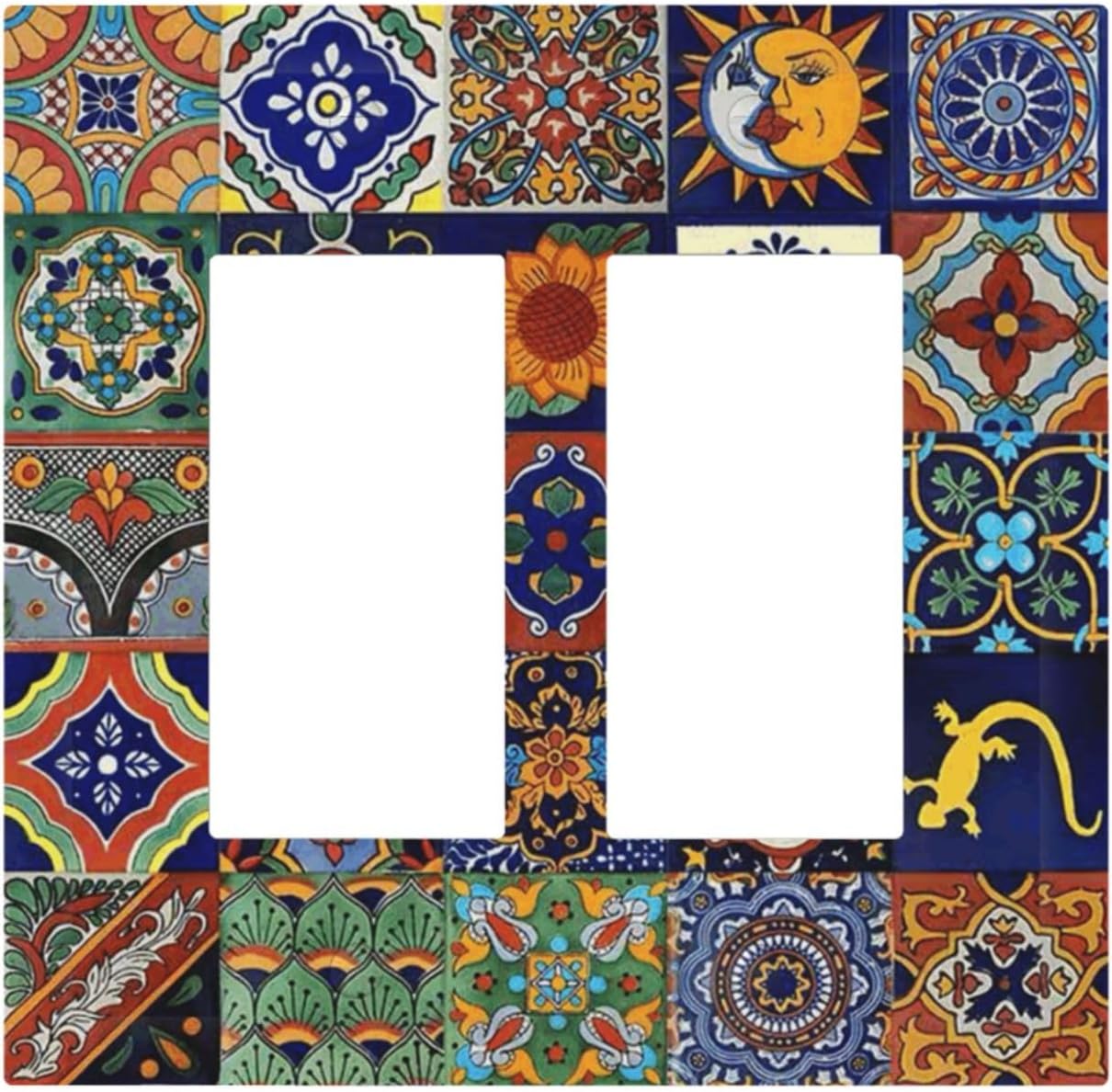 Talavera Mexican Tiles Traditional Color Decoration Print Decorative Outlet Covers 2 Gang Double GFCI Rocker Electrical Wall Panels Light Switch Cover Plate for Kitchen Bathroom Decor