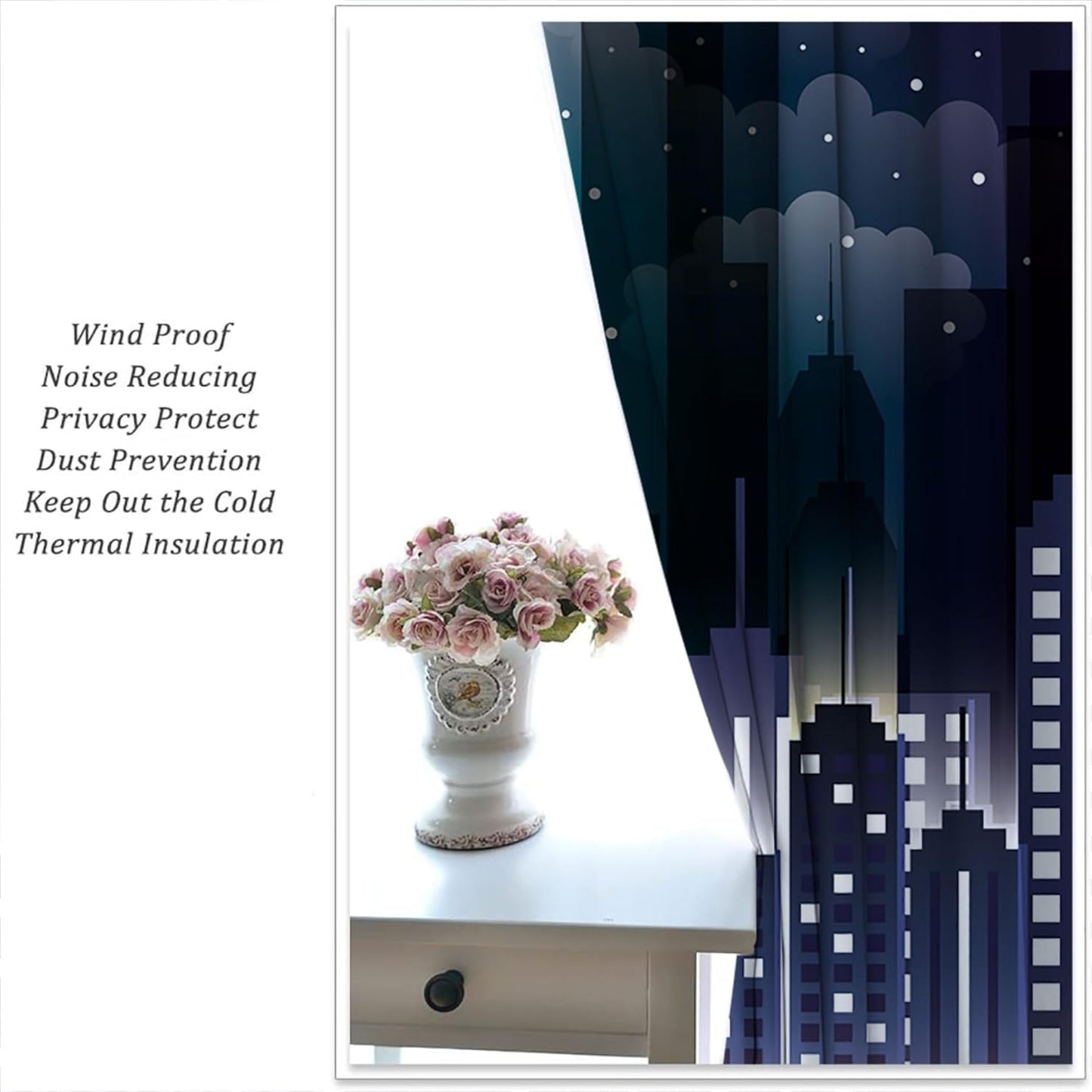 Superhero Rod Pocket Blackout Curtains for Boy Girl Bedroom, Violet Night Sky Buildings Cityscape Home Energy Efficient Light Filtering Window Curtain for Living Room, 42x63 inch