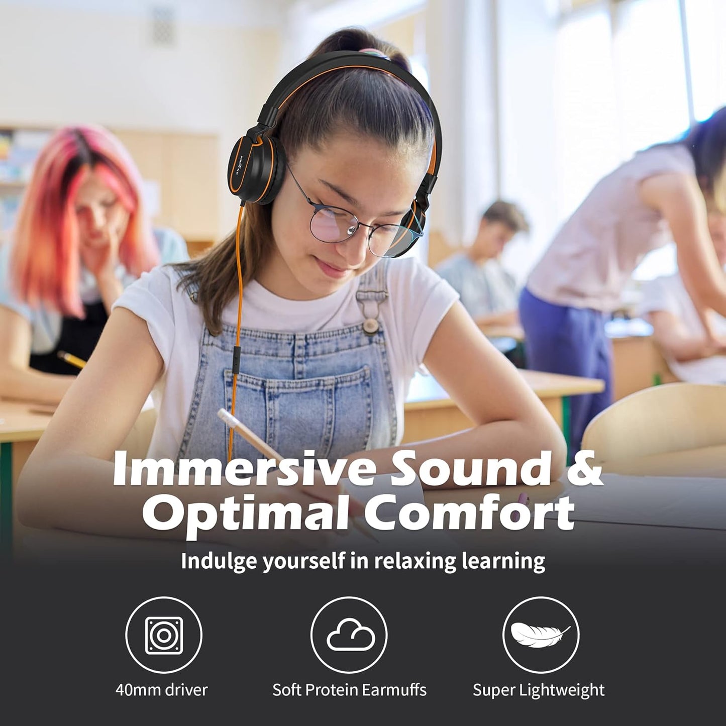 AILIHEN Kids Headphones, I35 On-Ear Headphones for School, Safe Volume 93dB, HD Mic Stereo Headphone for Kid Girls Boys, Foldable 3.5mm Wired for Chromebook, Laptop, Computer, Tablet (Black Orange)