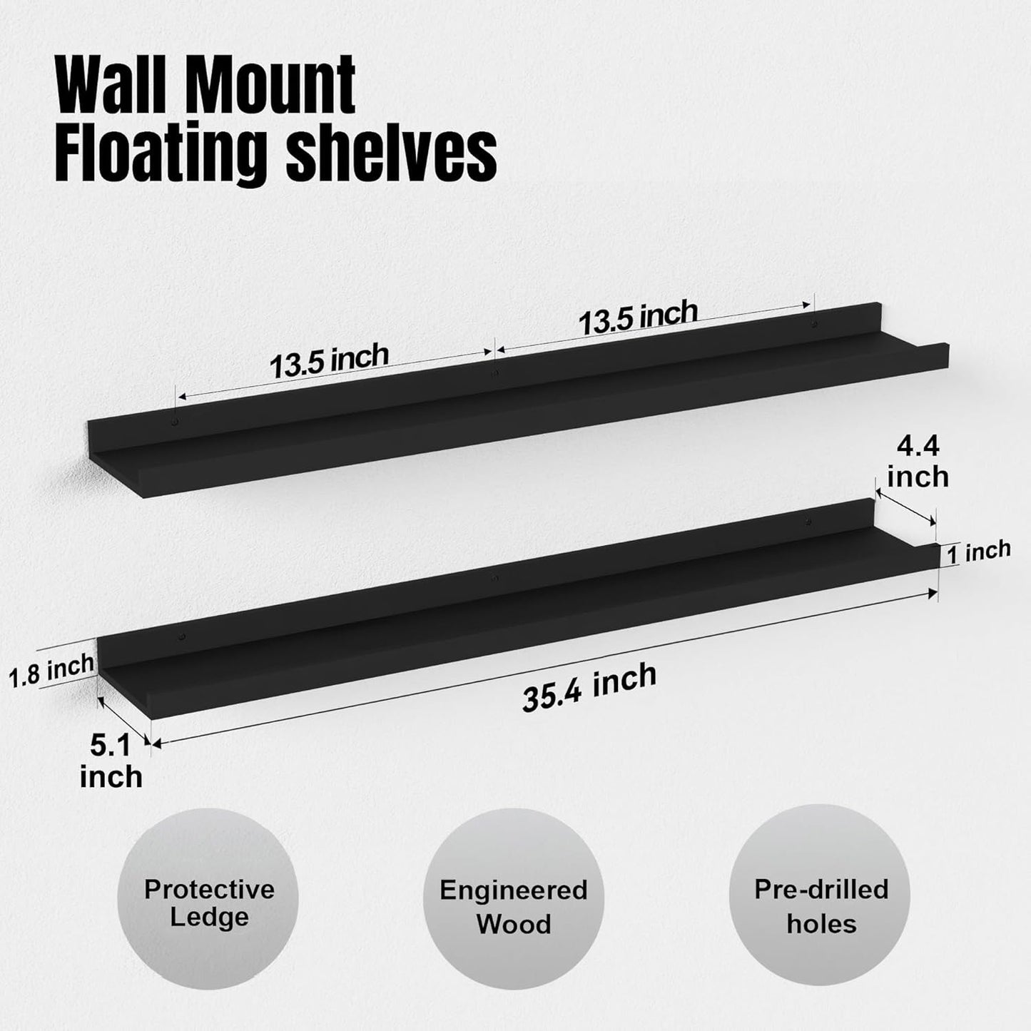 35.4 Inches Long Floating Shelves Wall Mounted, 2 Set Modern Black Wall Shelf for Bedroom, Nursery Book Shelf with Lip, Picture Ledge Shelf for Wall Decor Living Room Bathroom Kitchen- Black