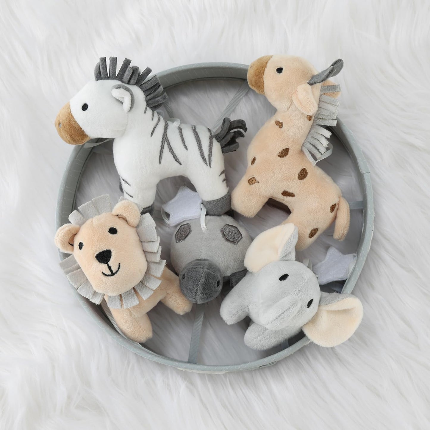 The Peanutshell Crib Mobile for Boys or Girls - Grey Musical Baby Crib Mobile with 12 Lullabies, Lion, Elephant, Zebra, Safari Plush Toys Hanging, Infant Baby Mobile Crib, Safari Nursery Decor