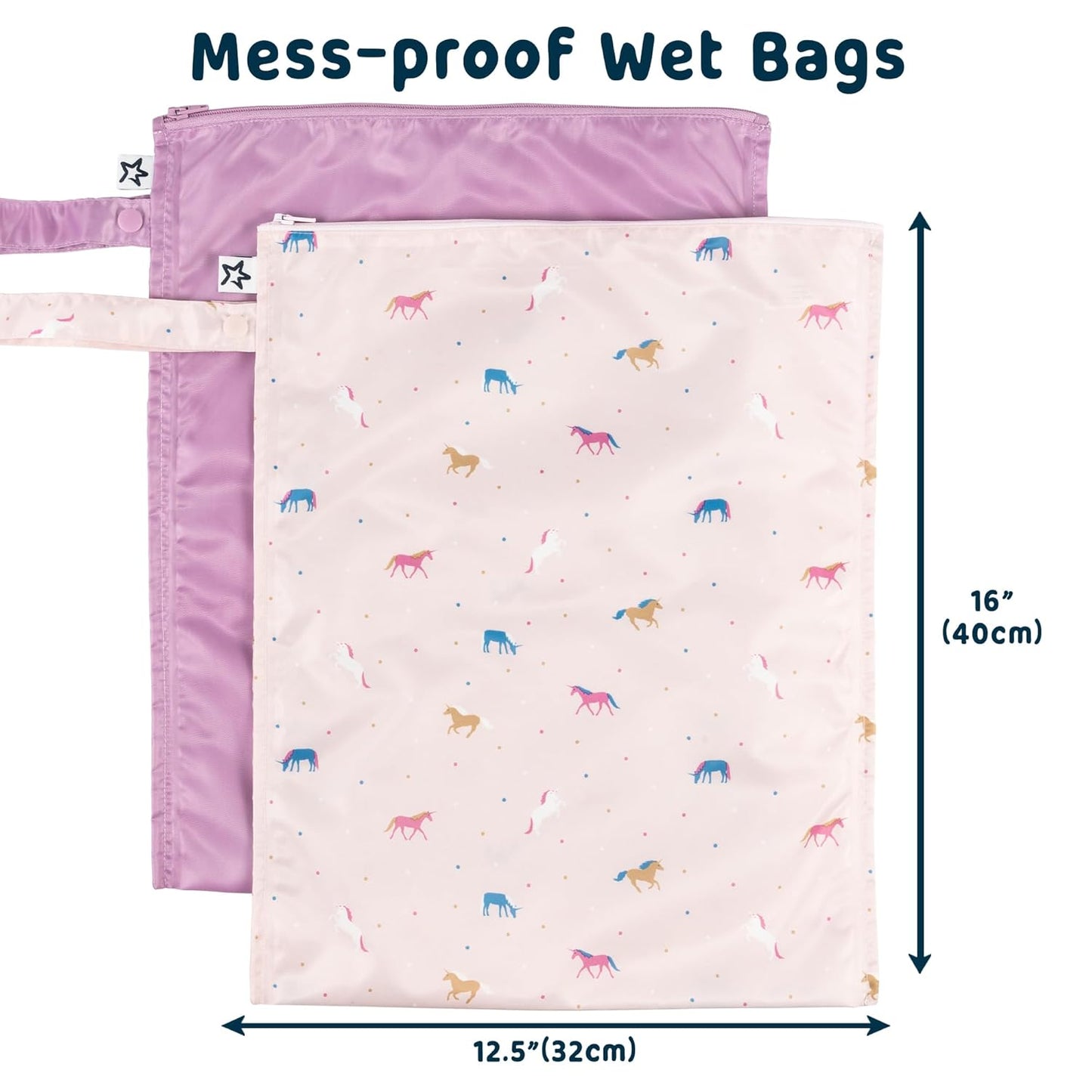 Tiny Twinkle Mess-Proof Waterproof Wet Dry Bag | 2-Pack Reusable Wet Bags for Swimsuits & Baby Clothes | Leakproof Wet Bag for Travel & Diaper Changes for Baby (Unicorn)
