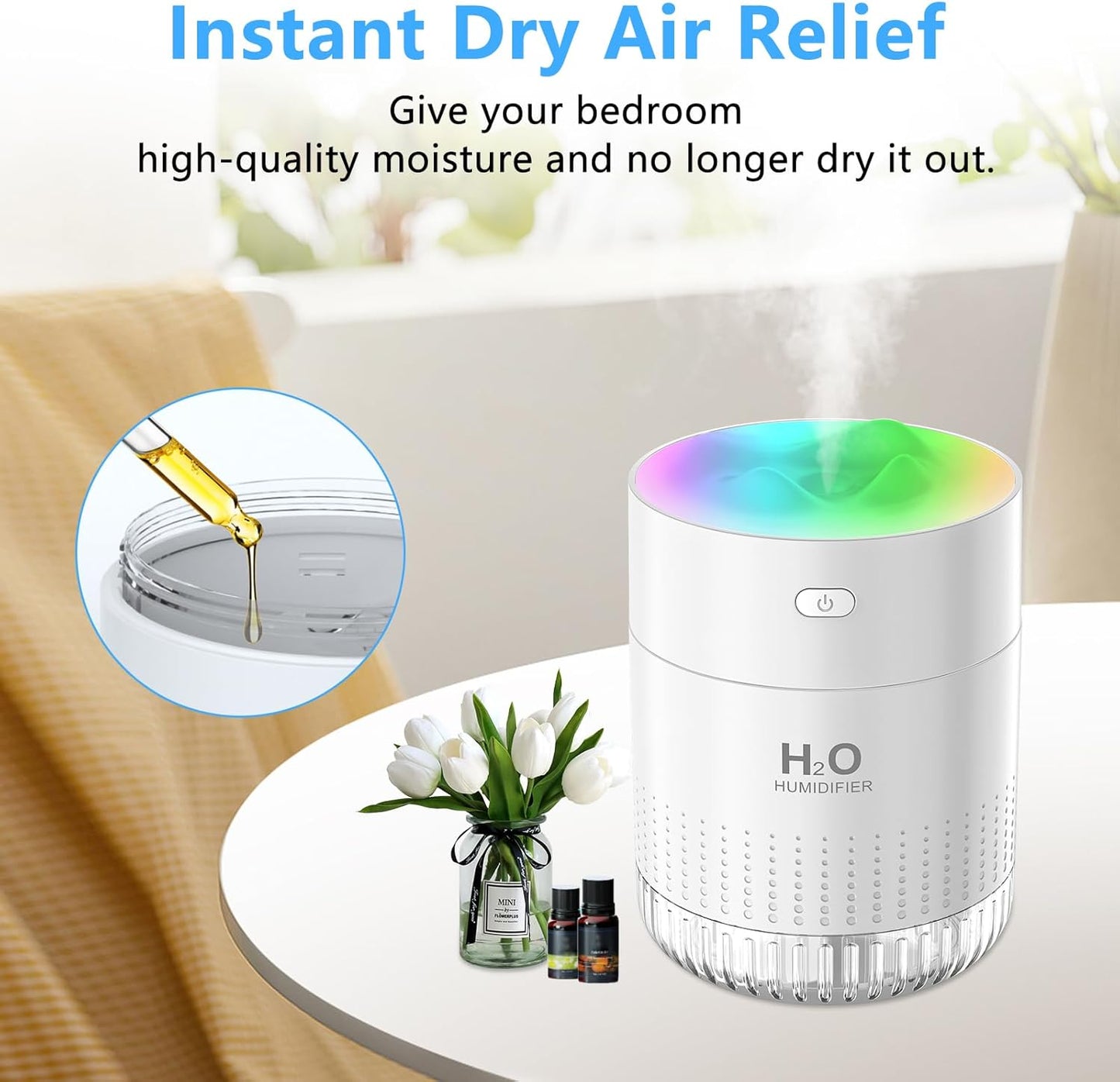 Portable Small Humidifiers for Bedroom Baby, Rechargeable Mini Cool Mist Plant Humidifier for Plants, Quiet Desktop Humidifier with 2 Working Modes & Colorful Night Light for Travel, Office, Bedroom