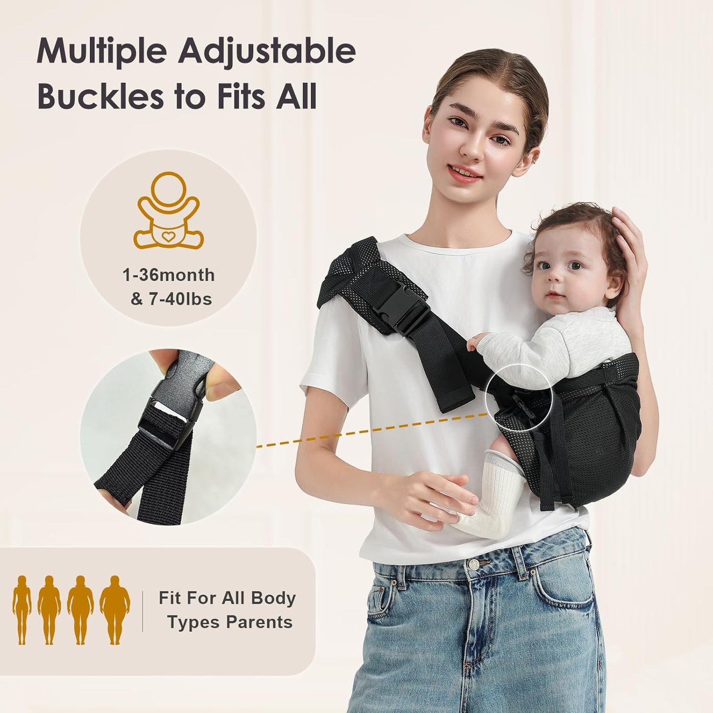 Toddler Sling Carrier, Easy to Wear Baby Carrier Sling 7-40 lbs, Adjustable Lightweight Baby Wrap Sling, Perfect Toddler Hip Carriers One Size Fits All, Black Mesh
