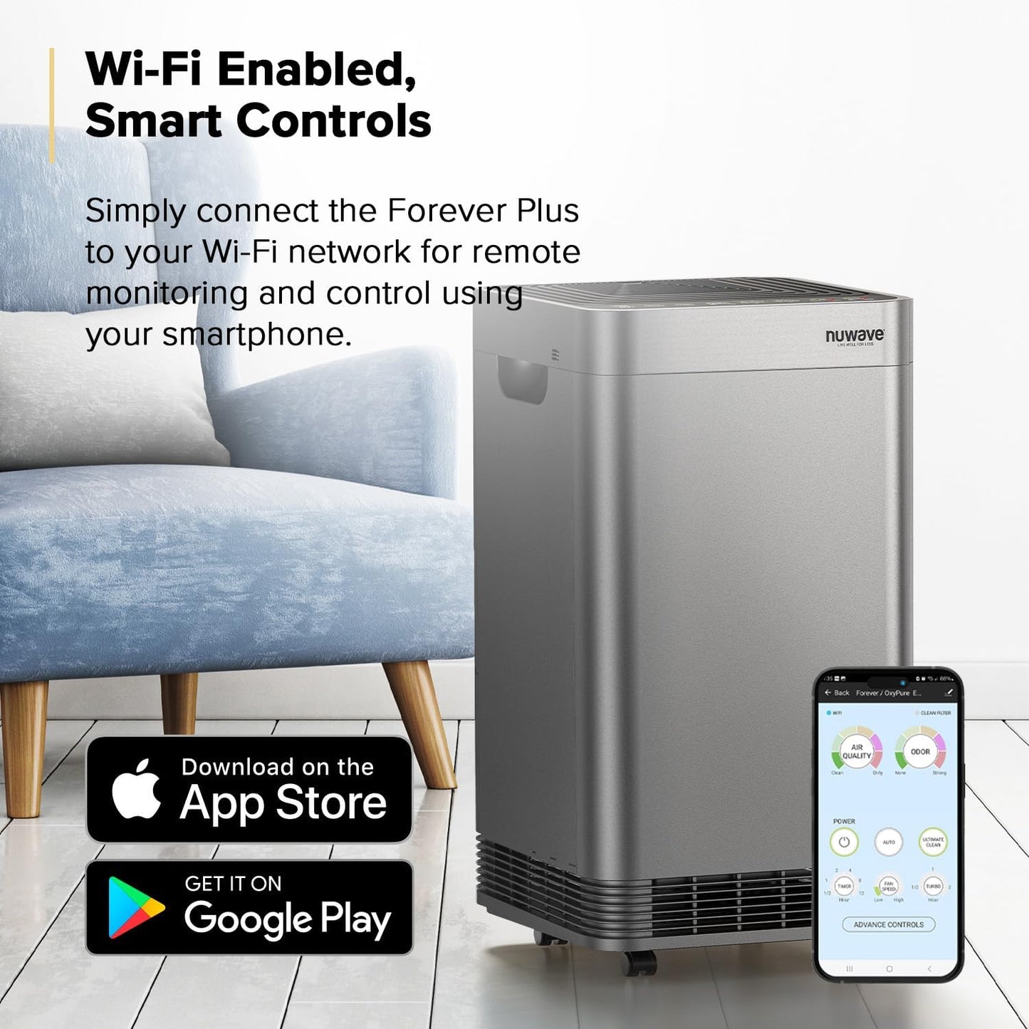 Nuwave Forever Plus Air Purifier for Home with Washable Filter, Massive Areas up to 3,210 Sq Ft, Never Replace Air Filter System, Zero Waste, Zero Filter Replacements, Smart WiFi, 18dB Ultra-Quiet