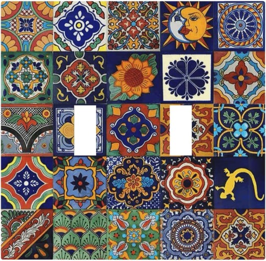 Talavera Mexican Tiles Traditional Color Decoration Print Decorative Switch Plates 2 Gang Double Toggle Outlet Light Switch Cover Wall Plate Electrical Faceplate for Kitchen Bathroom Decor
