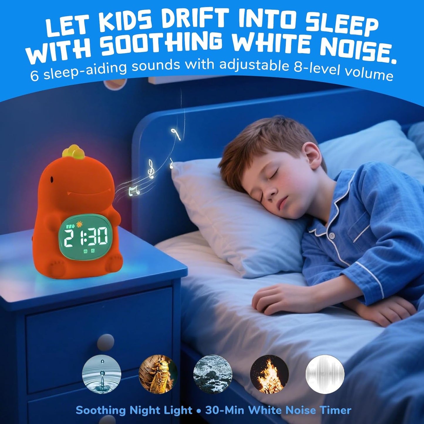 TCJJ Kids Sleep Training Alarm Clock with Night Light - OK to Wake Clock & Sound Machine, Rechargeable Silicone Animal Lamp for Boys Girls Bedroom (Dinosaurs)